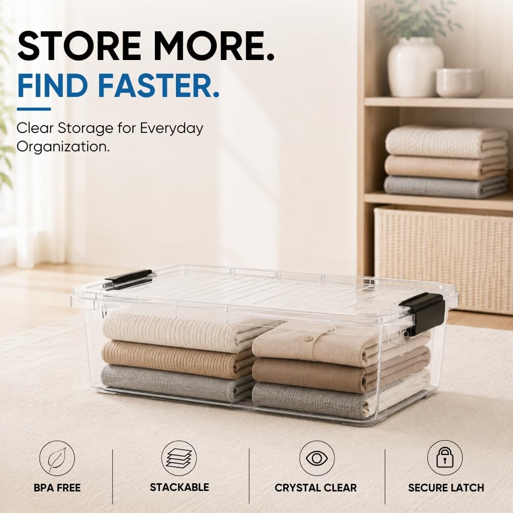 Superio 13.7 Quart Clear Plastic Storage Bin with Lid, Stackable Organizer Box, BPA-Free Storage Container for Home, Garage, School & Office, 1 Pack
