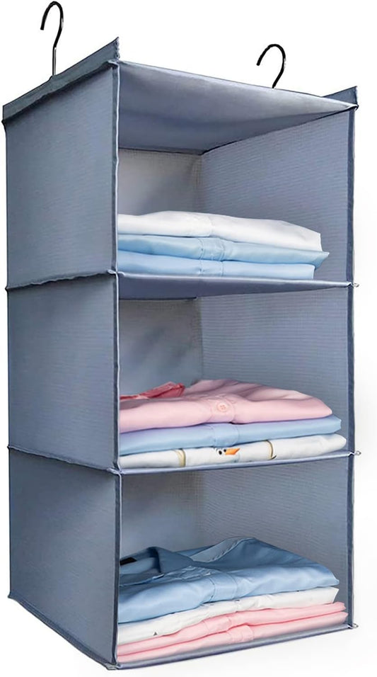 Hanging Closet Organizer 3-Shelf, Oxford Fabric Wardrobe Storage, Gray
