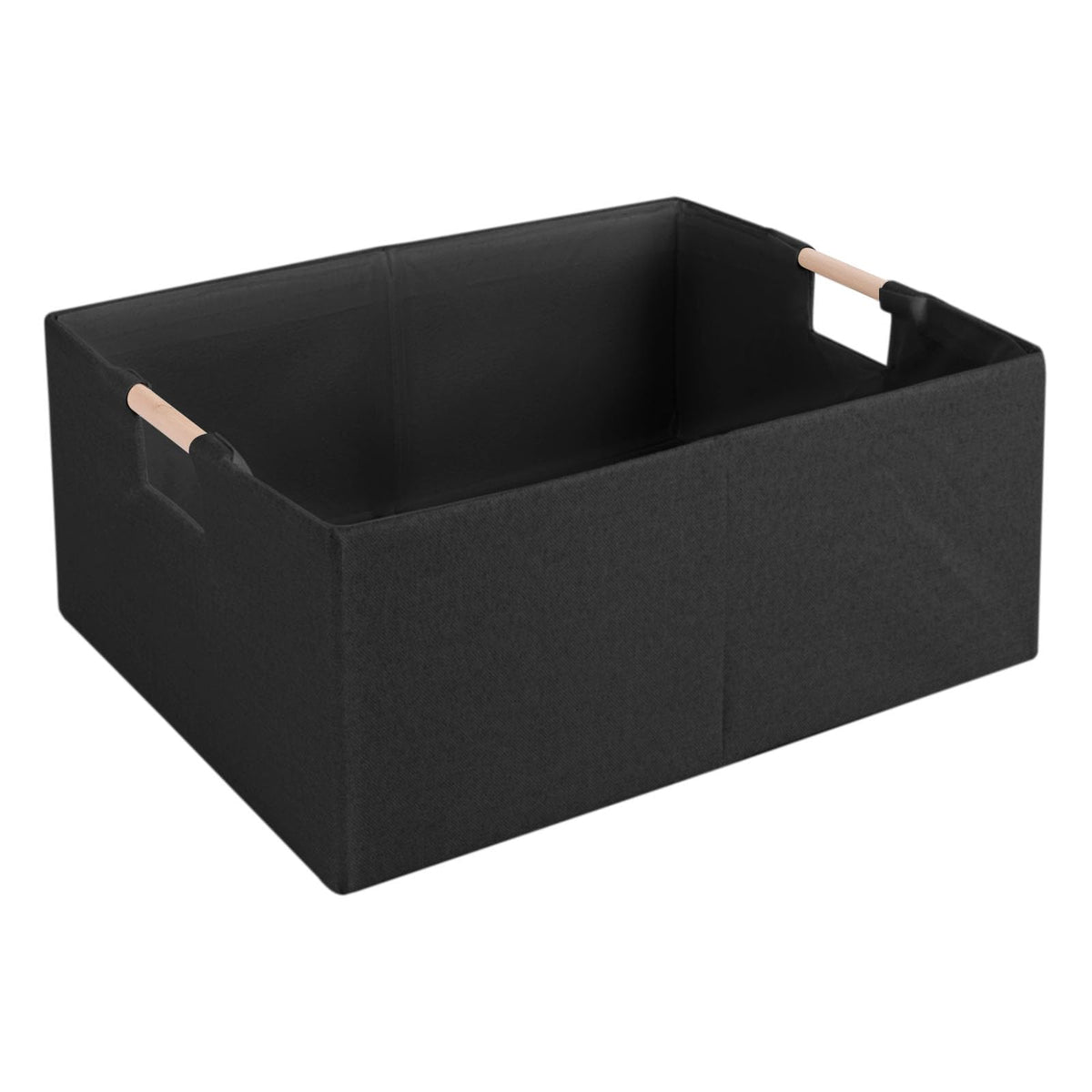 Fabric Storage Bin Box Foldable Cotton Linen Storage Basket with Wooden Handles Rectangular Cube Decorative Home Laundry Organizer Clothes Blanket Container – Beige, Medium