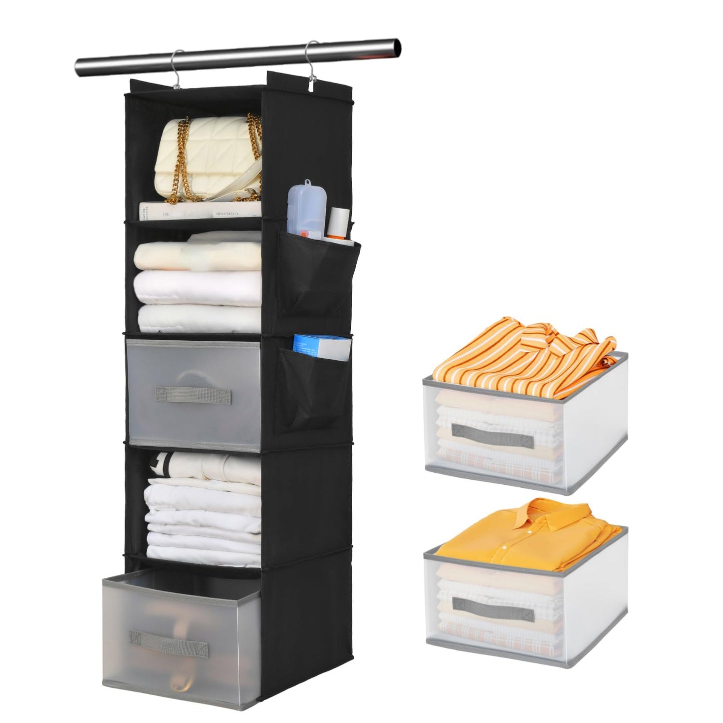 6-Shelf Hanging Closet Organizer with 3 Drawers & Side Pockets, Gray
