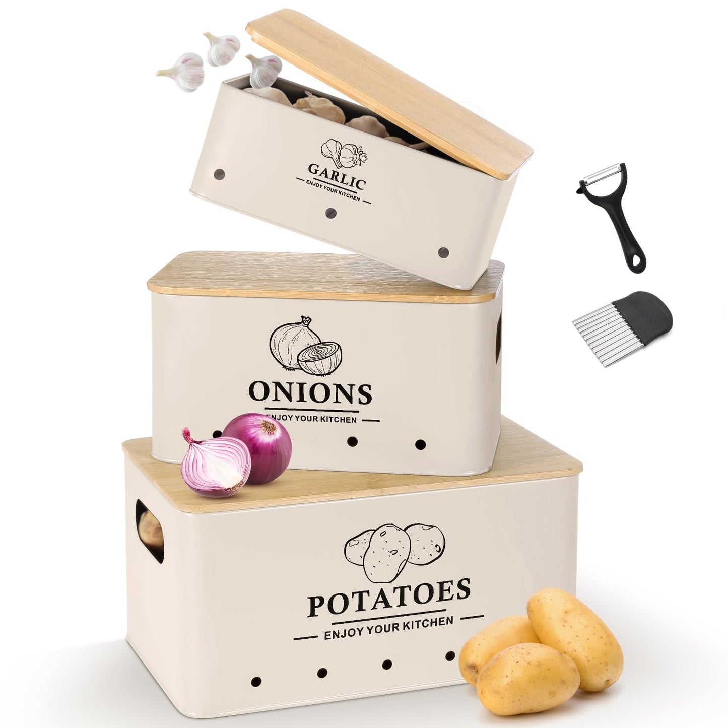 Kitchen Vegetable Storage Set of 3, Metal Onion Garlic Potato Storage Set, Kitchen Canisters Vegetable Keeper Containers with Aerating Holes and Bamboo Lid,Black