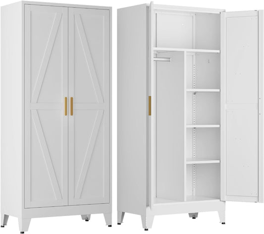 COFaR Metal Wardrobe Closet with Doors, 71'' Tall Steel Bedroom Armoire with Adjustable Hanging Rod and Shelves, Broom Closet Storage Cabinet for Garage Laundry Office, Farmhouse White