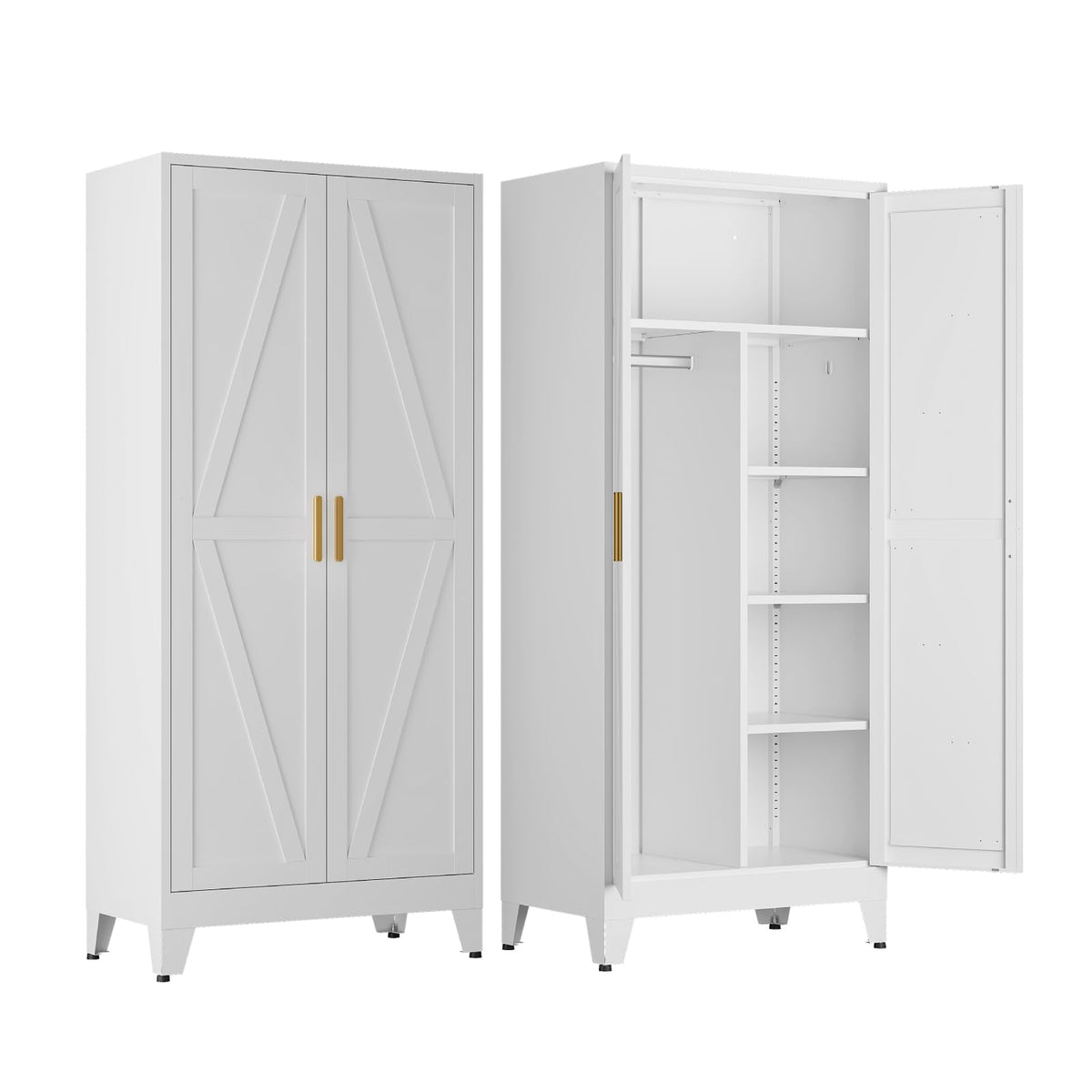 COFaR Metal Wardrobe Closet with Doors, 71'' Tall Steel Bedroom Armoire with Adjustable Hanging Rod and Shelves, Broom Closet Storage Cabinet for Garage Laundry Office, Farmhouse White
