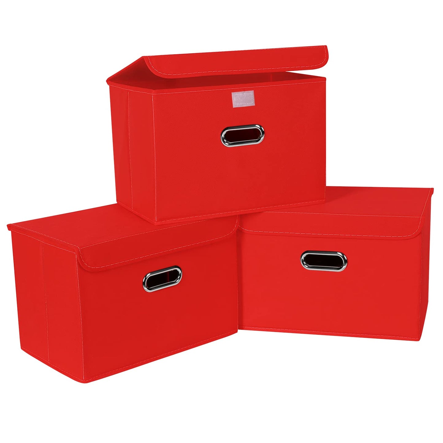 Linen Fabric Foldable Collapsible Storage Cube Bin Organizer Basket Fabric Storage Bins with Lid, Leather Handles, Removable Divider for Home, Closet,Navy Blue 3Pcs