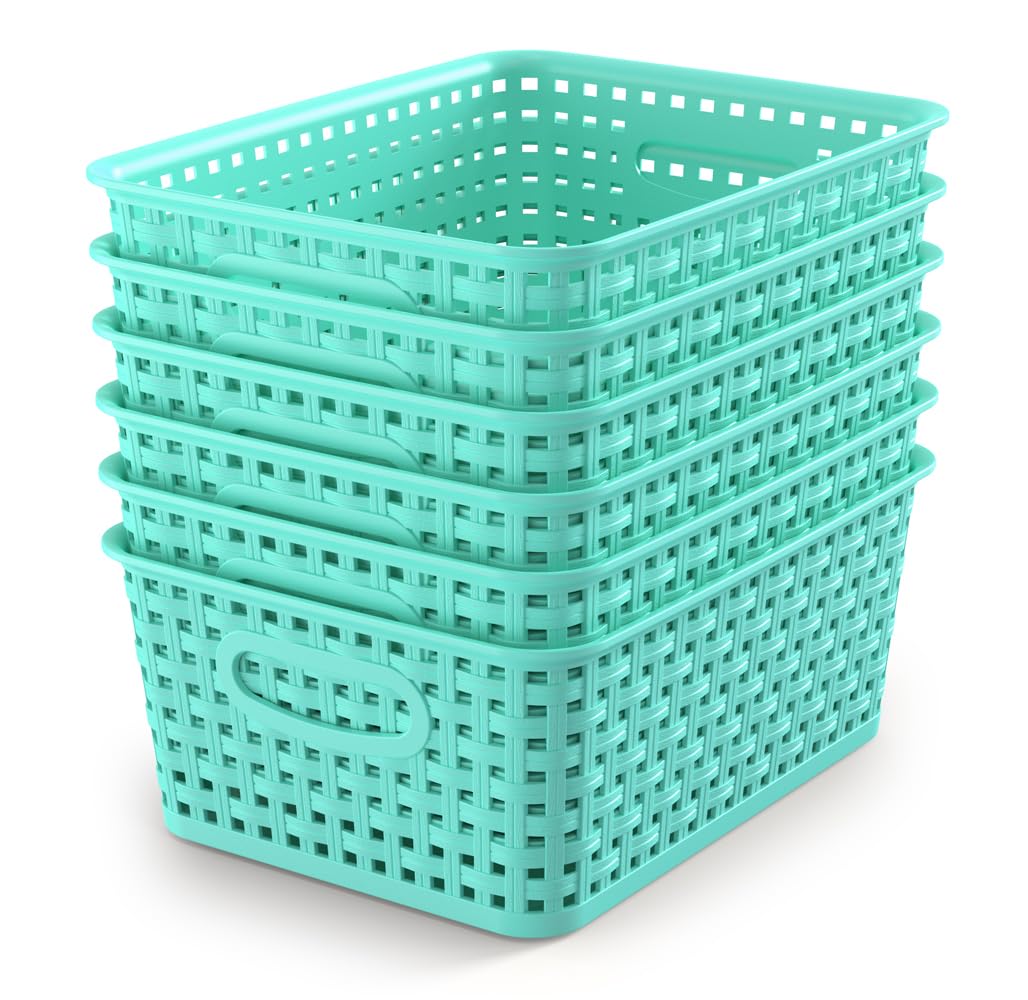 WYT 6-Pack Plastic Small Shelf Storage Weave Baskets Organizing for Cabinets and Pantries, Deep Purple
