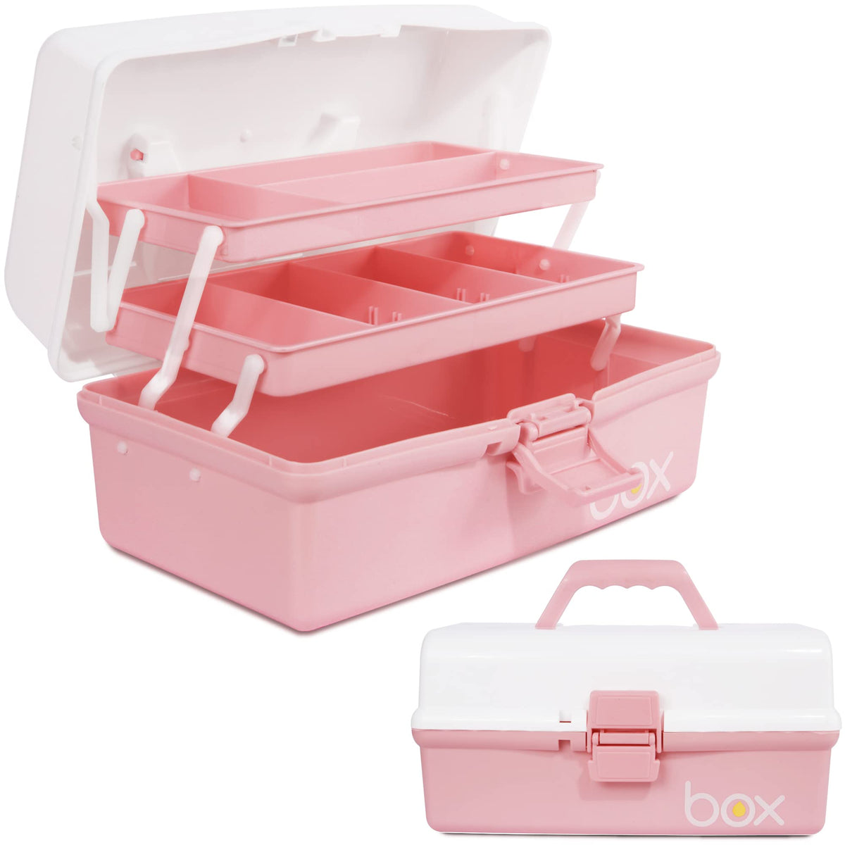TERGOO 12in 3-Layer Plastic Craft Organizers and Storage, Portable Folding Tackle Box with Handle & Adjustable Dividers, Multipurpose Case for Sewing, Art Supplies, Medicine, Tools (Pink)