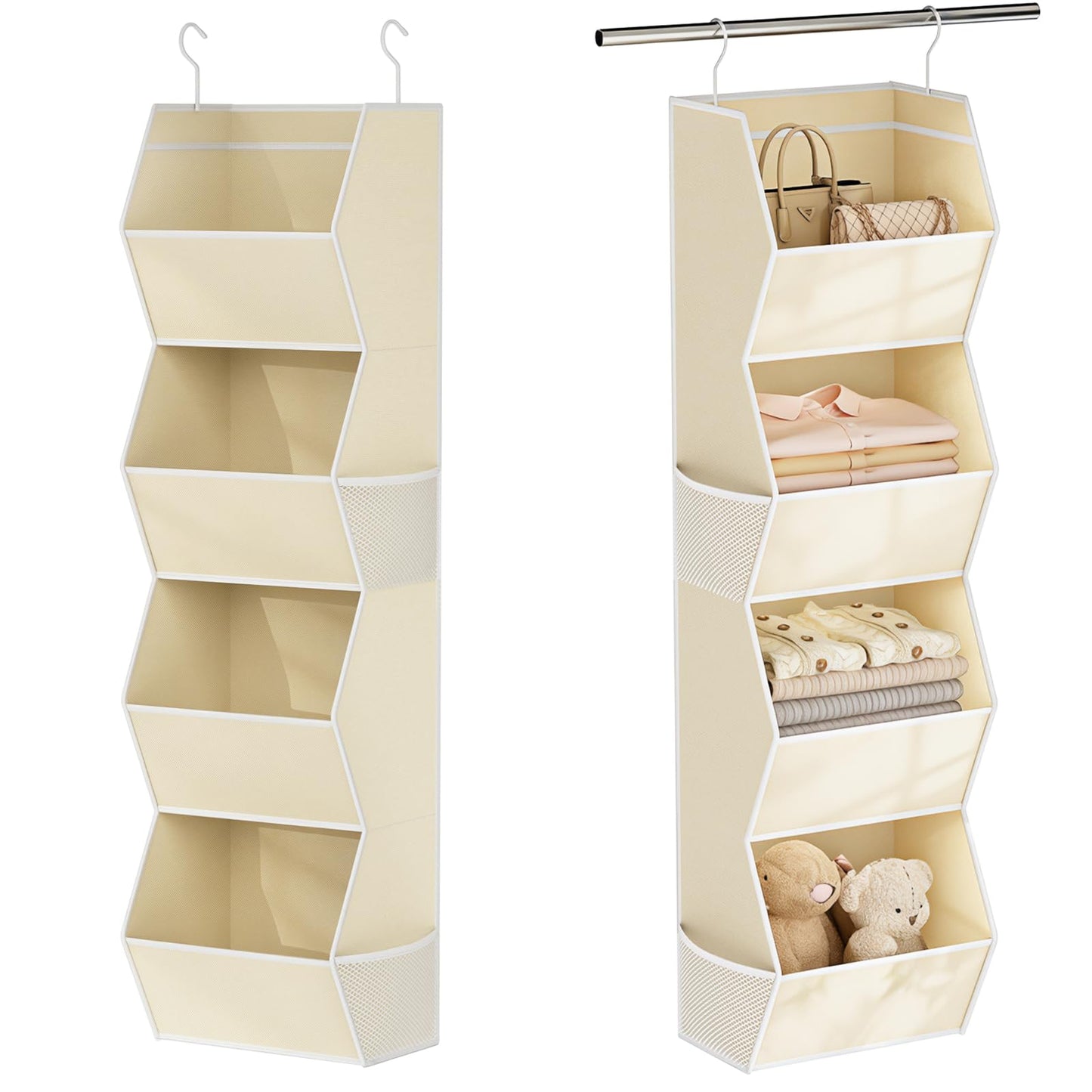 Hanging Closet Organizer 4 Shelf Collapsible Bedroom Closet Organizers and Storage Hanging with Mesh Pockets for Clothes, Fabric Hanging Storage Bins for Wardrobe Closet Organization and Storage, Grey