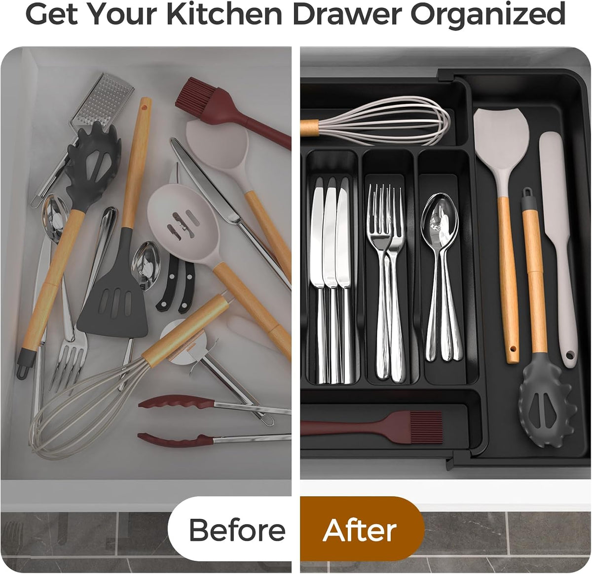 ukeetap Extra Large Expandable Silverware Organizer, Flatware Tray, Black