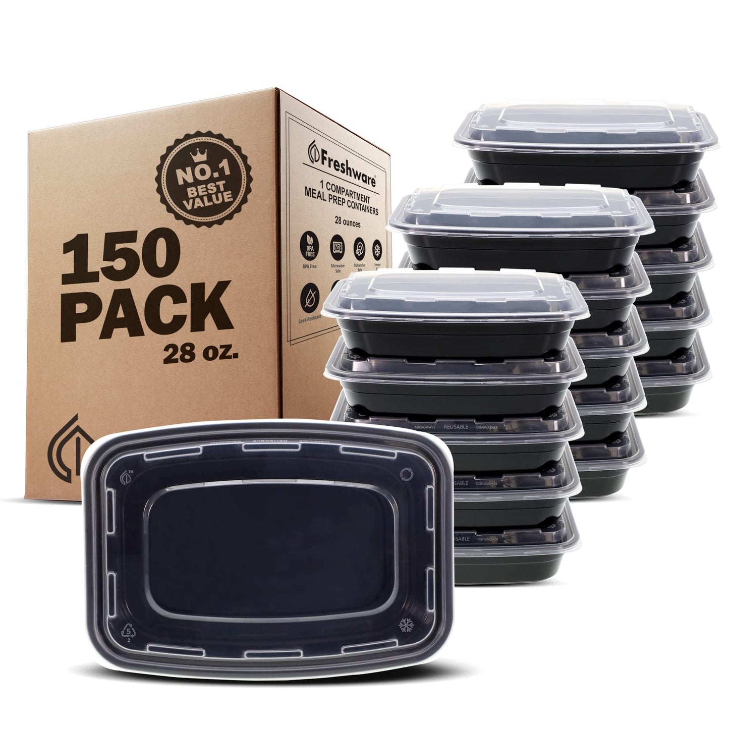 Freshware Meal Prep Containers [50 Pack] 1 Compartment with Lids, Food Storage Containers, Bento Box, BPA Free, Stackable, Microwave/Dishwasher/Freezer Safe (24 oz)