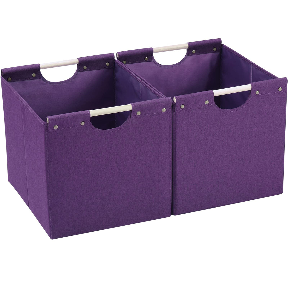 HOONEX Large Collapsible Storage Bins, Linen Fabric, Pack of 2, Storage Baskets with Wooden Carry Handles and Sturdy Heavy Cardboard, for Home, Office, Car, Nursery, Black