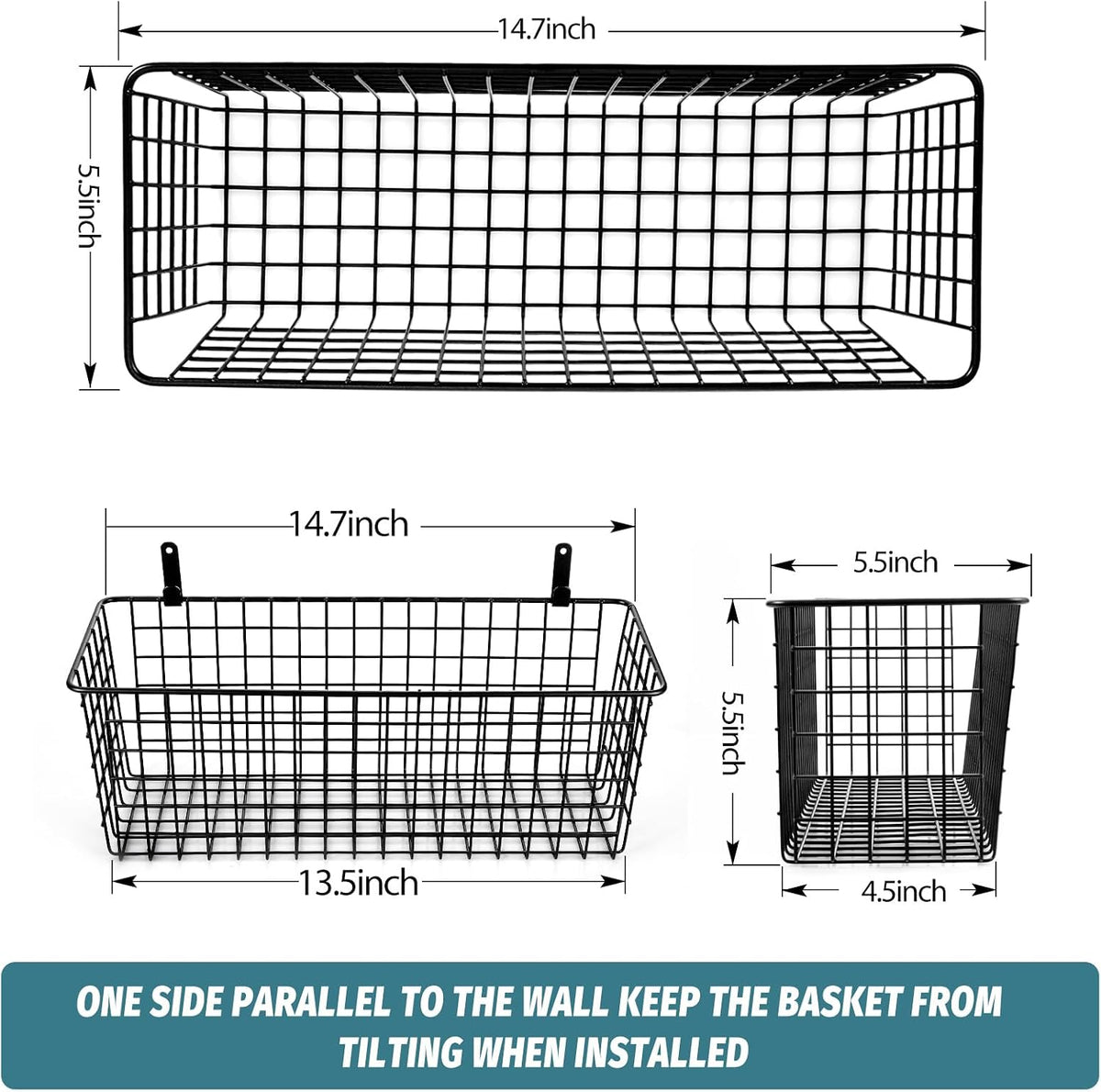 4 Set [EXTRA LARGE] Hanging Wall Mount Storage Baskets with Adhesive Hooks & Steel Hooks, Multiuse Sturdy Wire Metal Organizing Baskets for Home Kitchen Bathroom Pantry Utility Organizer, Black