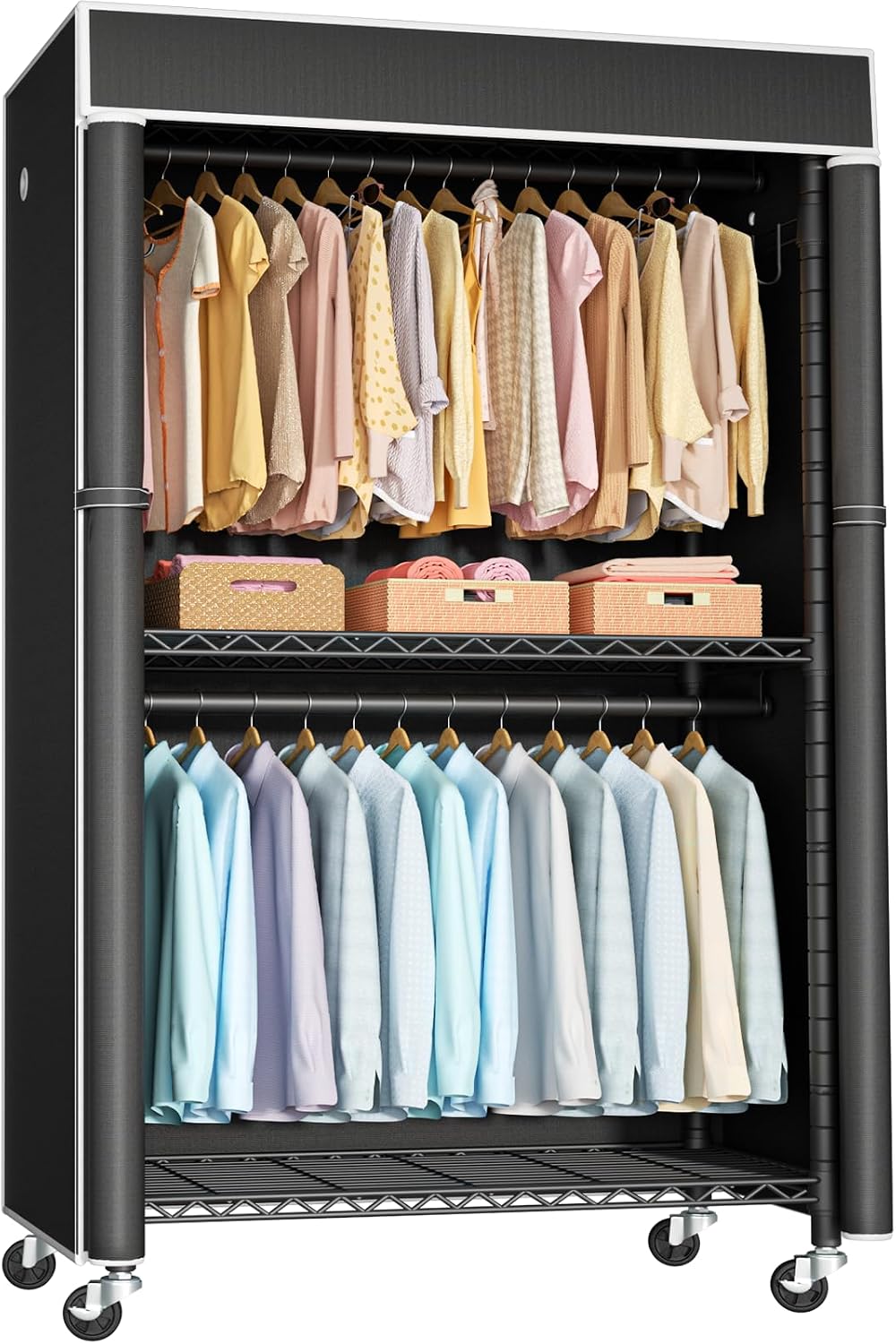 FUTASSI Clothing Rack with Cover, P1C Rolling Closets with Wheels
