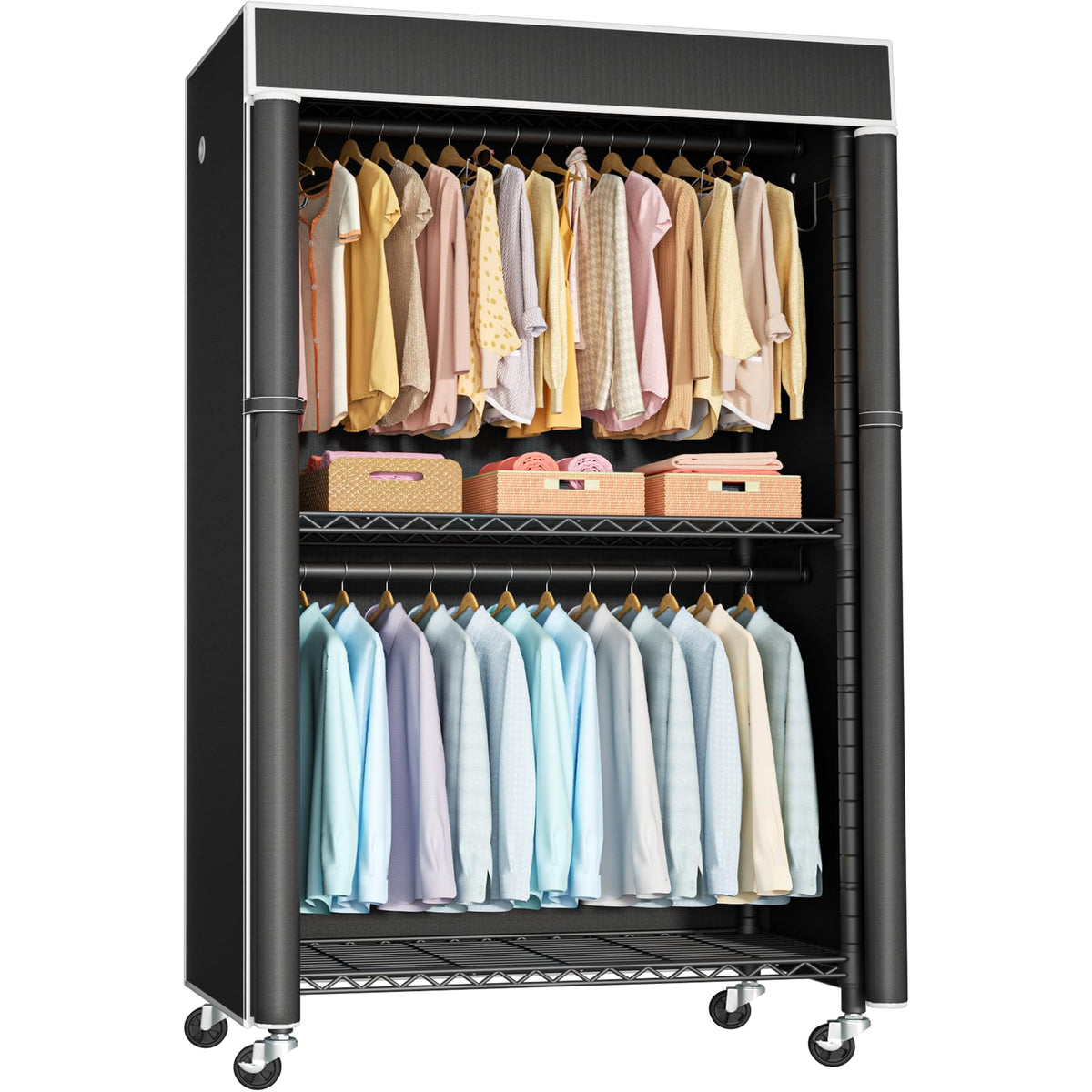 FUTASSI Clothing Rack with Cover, P1C Rolling Closets with Wheels