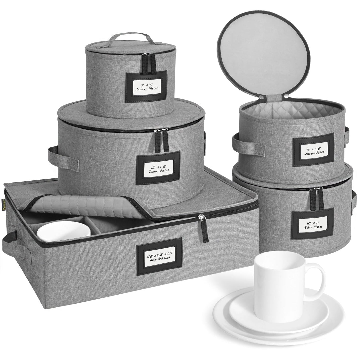 BALEINE China Storage Containers, Sturdy Quilted Wine Glass Storage, Plate Organizer with Carry Handles, Moving Boxes for Dishes, Cups, Mugs and Stemware (Plate Mug Combo, Soft Shell Cream)