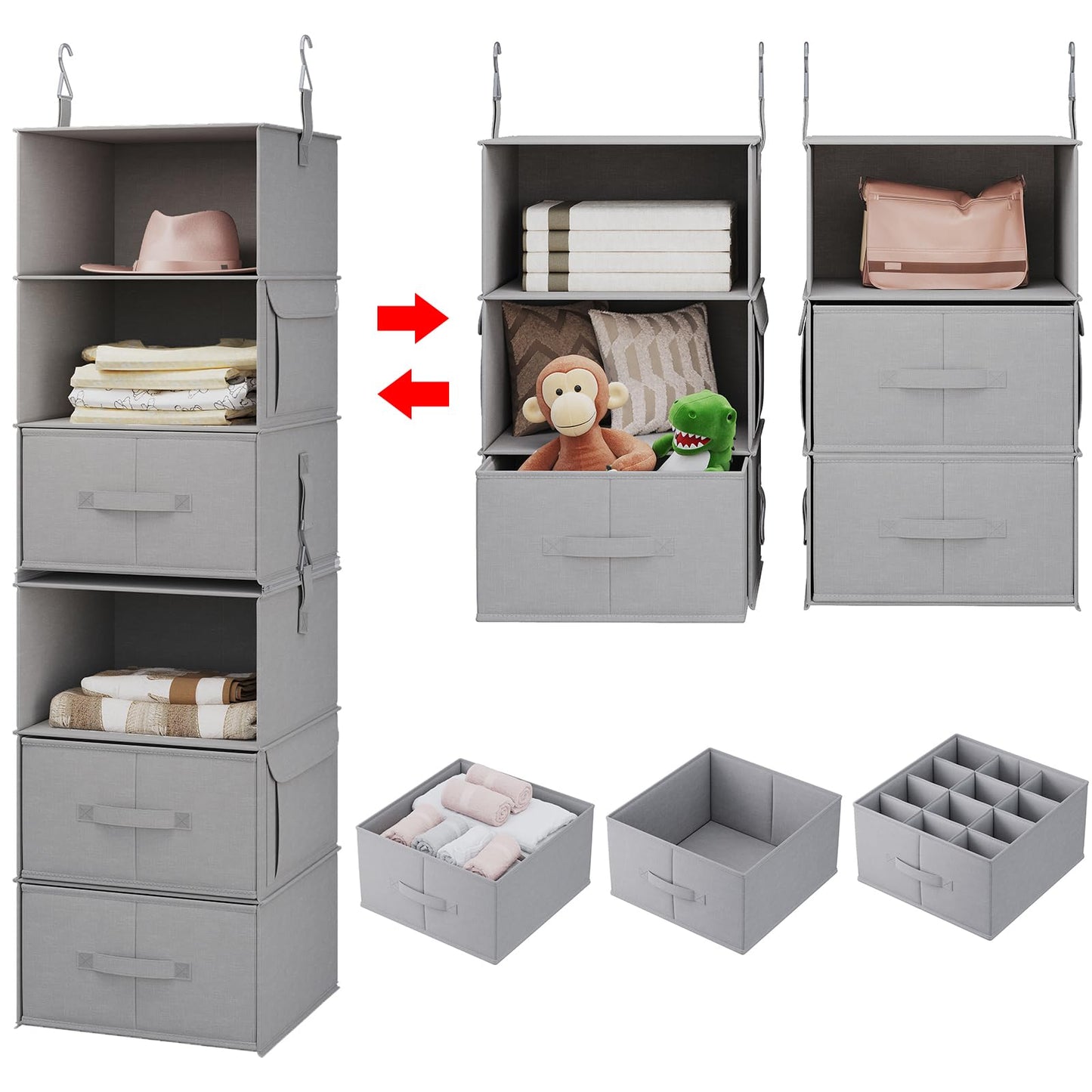 6-Shelf Hanging Closet Organizer with 3 Drawers, 2-in-1 Design, Beige