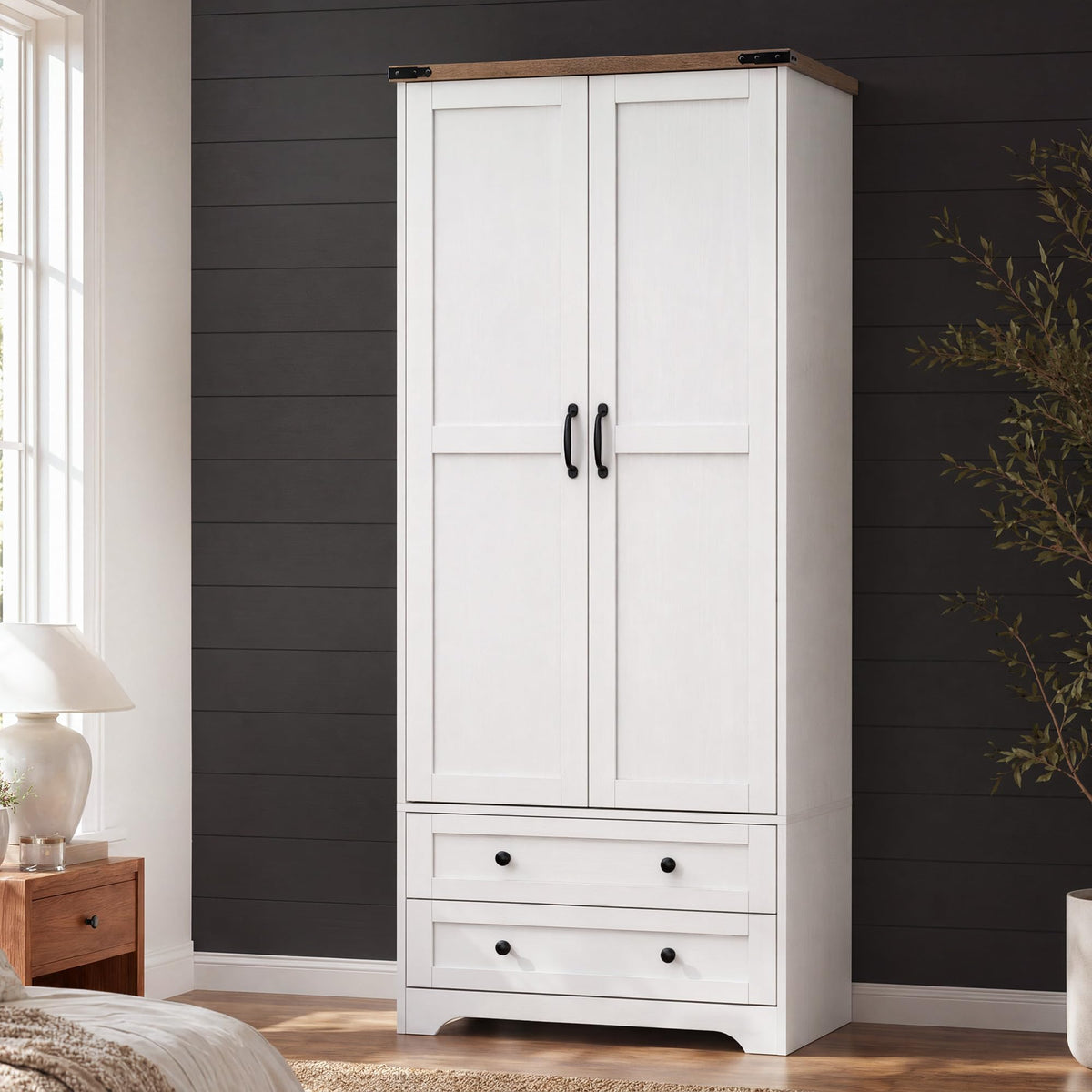 Yechen 71" Wooden Armoire Wardrobe Closet with 2 Doors & 2 Drawers, Natural