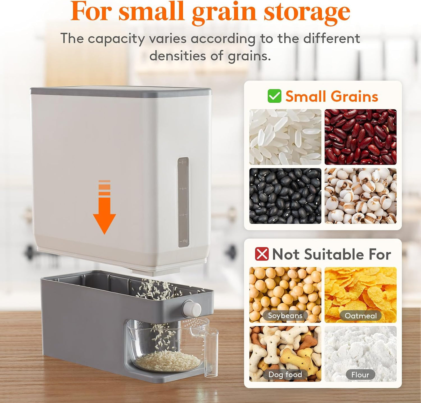 Lifewit Rice Dispenser 25 Lbs, Airtight Storage with Measuring Cup, Grey