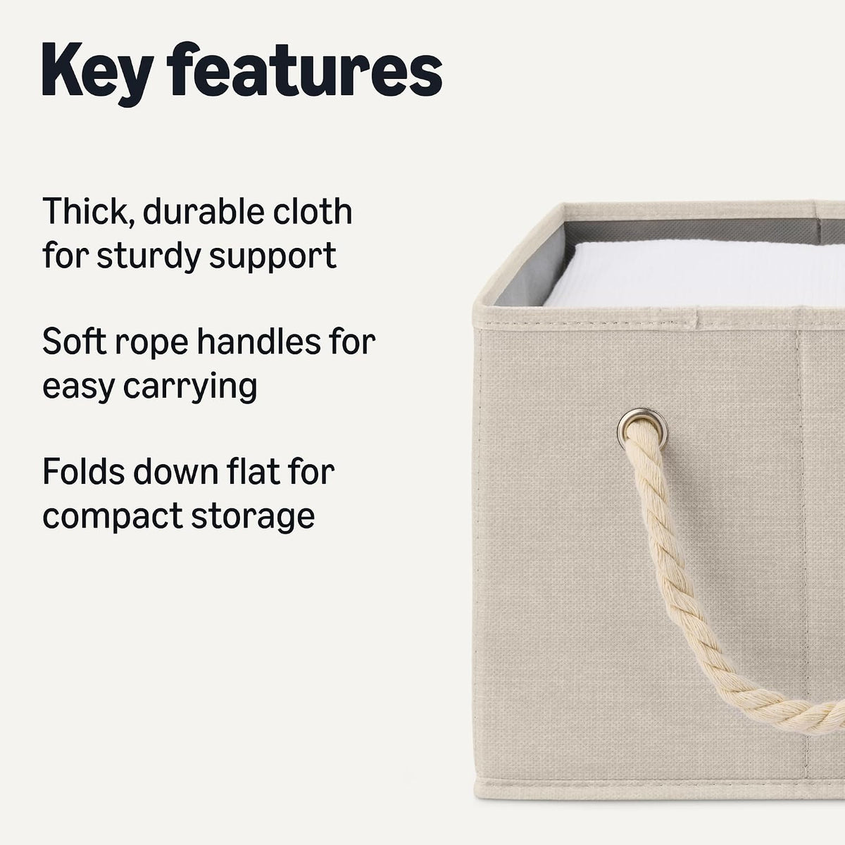 Amazon Basics Foldable Storage Bins with Rope Handles, Closet Organizers, Large, Linen, 3-Pack