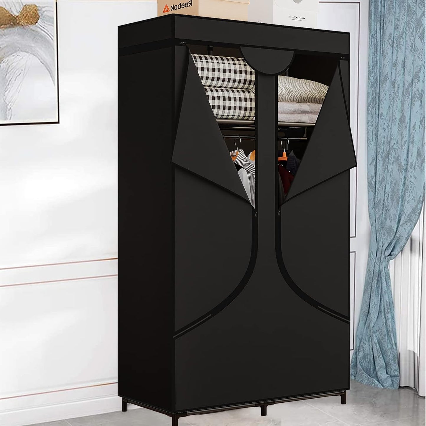 SORCEDAS Wardrobe Closet with Hanging Rods and Shelves for Clothes Storage