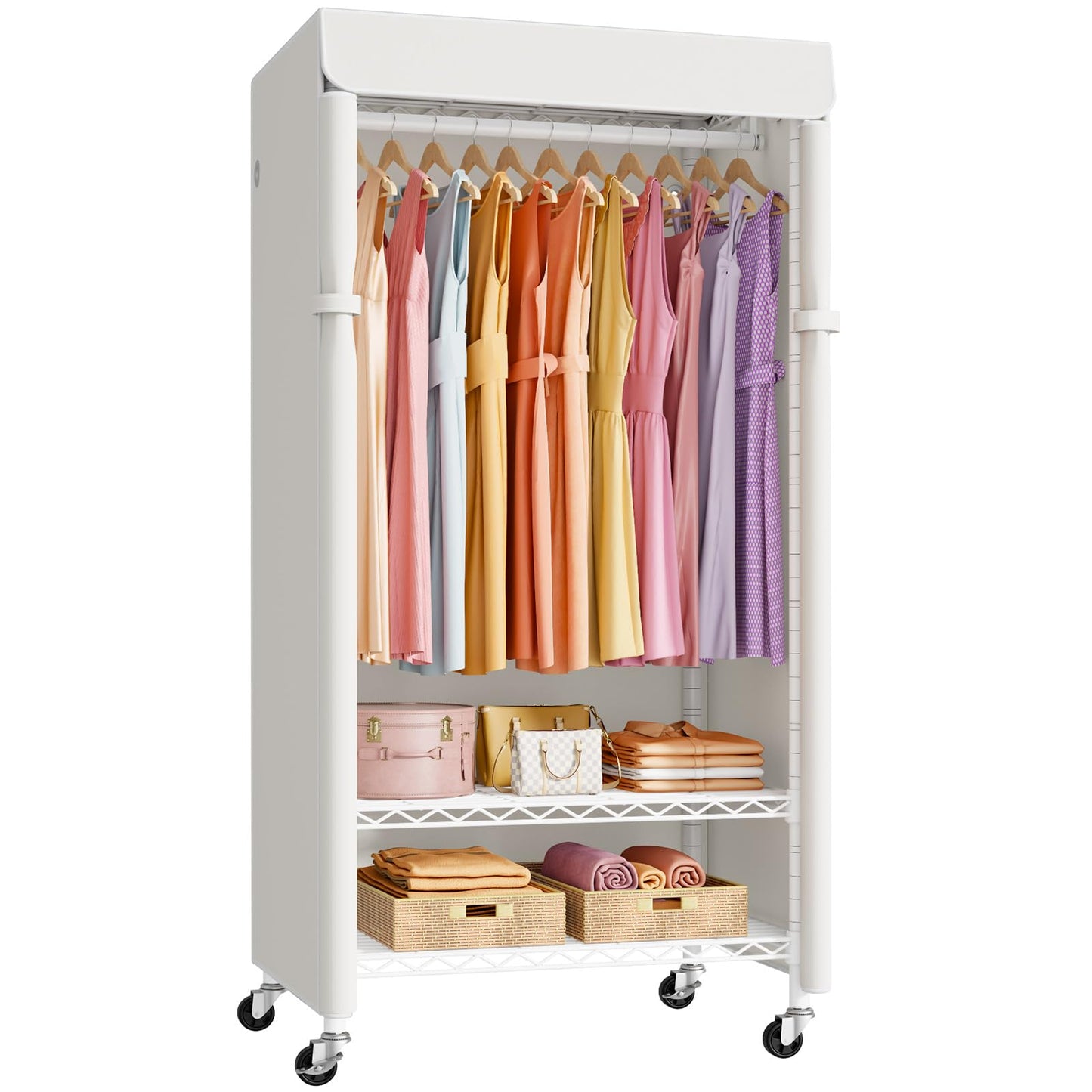 ULIFHOME P6C Plus Rolling Clothes Rack with Cover, Covered Clothing Rack