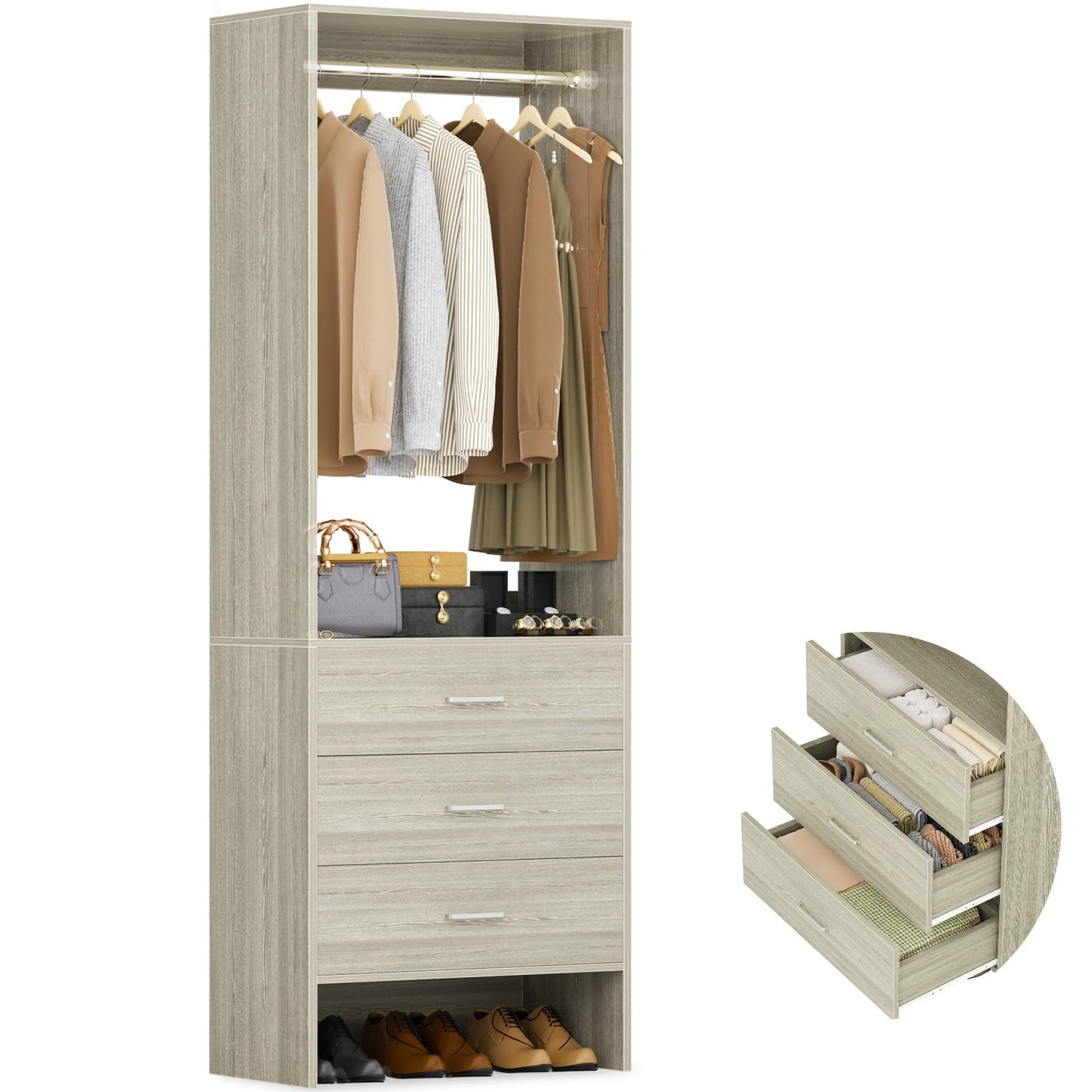 Aheaplus 1.8FT Closet System with Drawers, 21.5’’ Closet Organizer, White