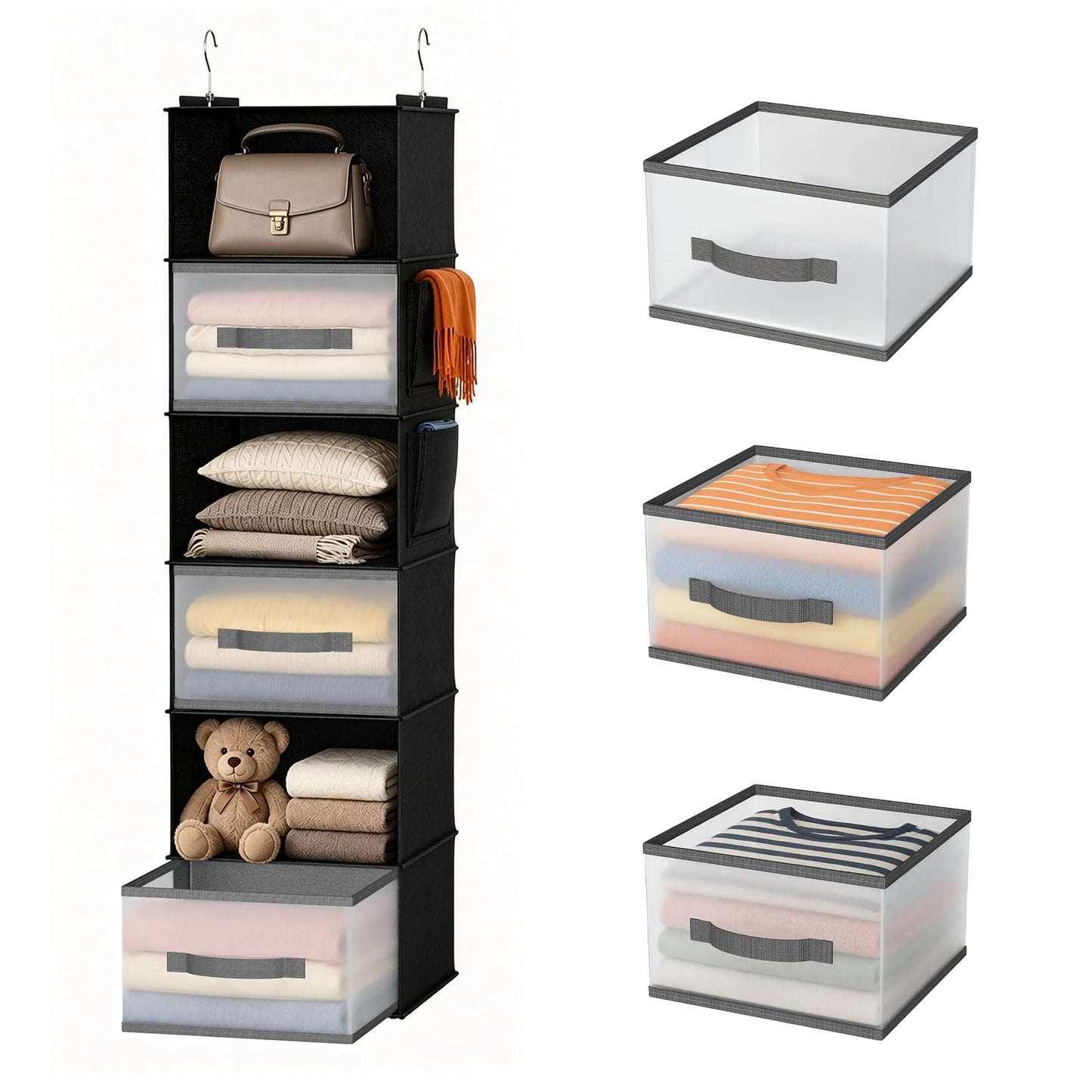 6-Shelf Hanging Closet Organizer with 3 Drawers & Side Pockets, Gray