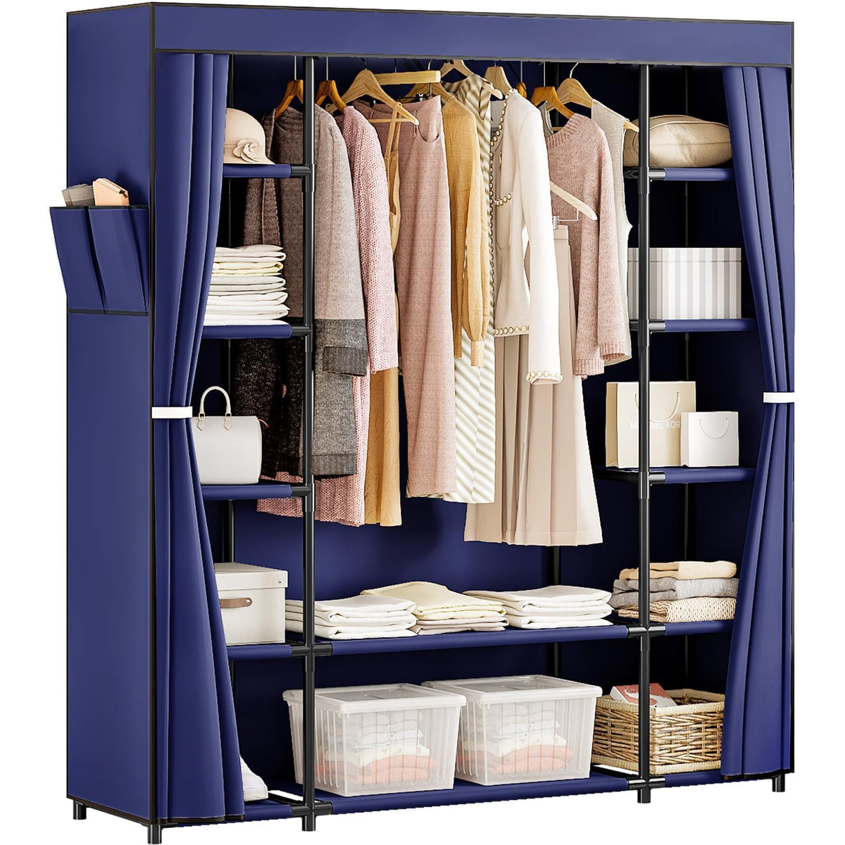 SORCEDAS Wardrobe Closet with Hanging Rods and Shelves for Clothes Storage