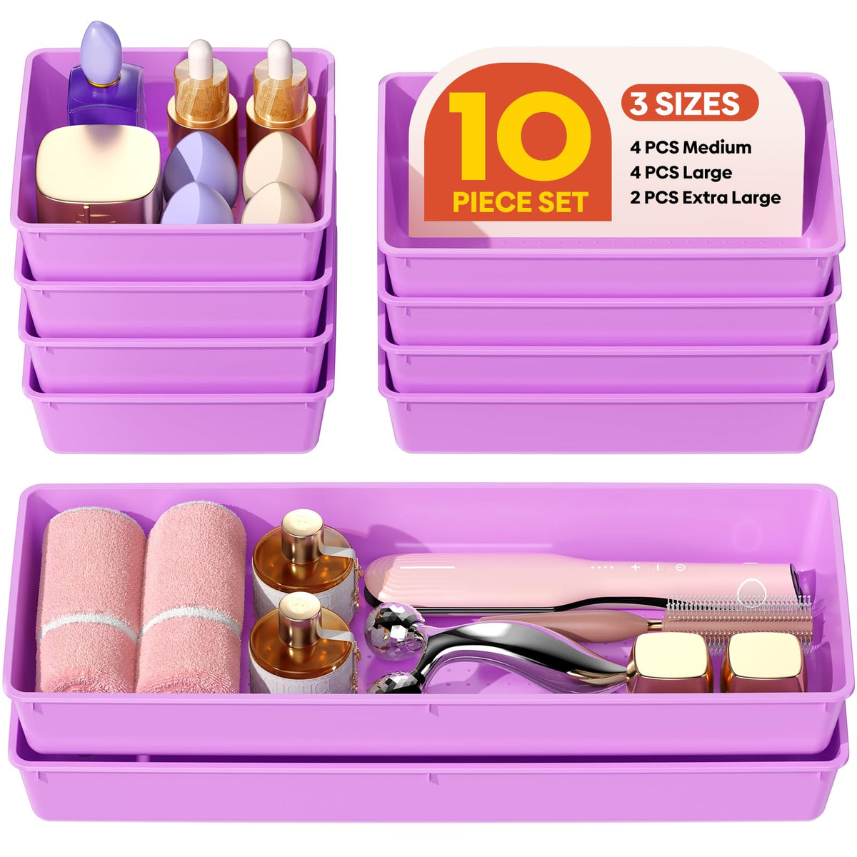 10 Pack Large Size Plastic Drawer Organizers Set, 3 Sizes Desk Drawer Organizer Trays, Storage Bins for Vanity, Makeup, Bathroom, Kitchen Utensils and Office (Black)