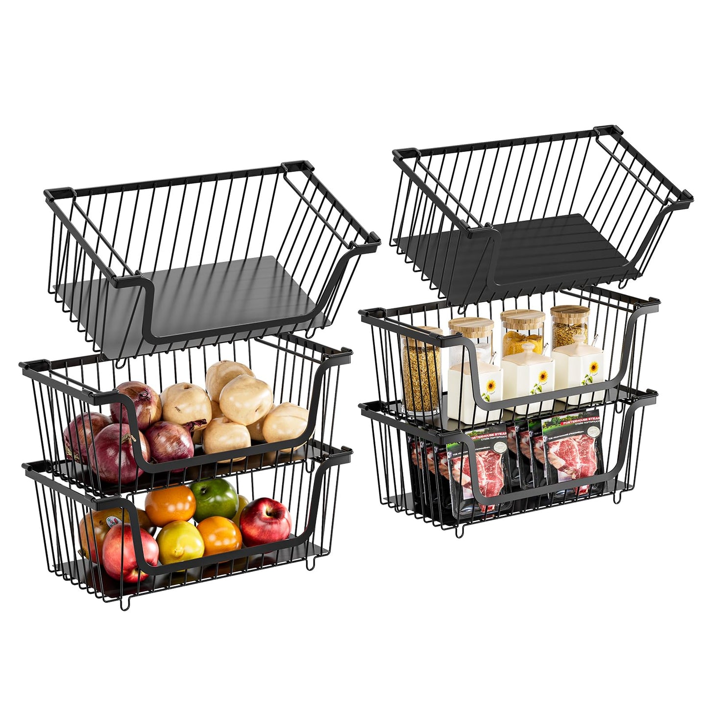 4 Pcs Stackable Wire Baskets Pantry Organizers and Storage Bins,Black