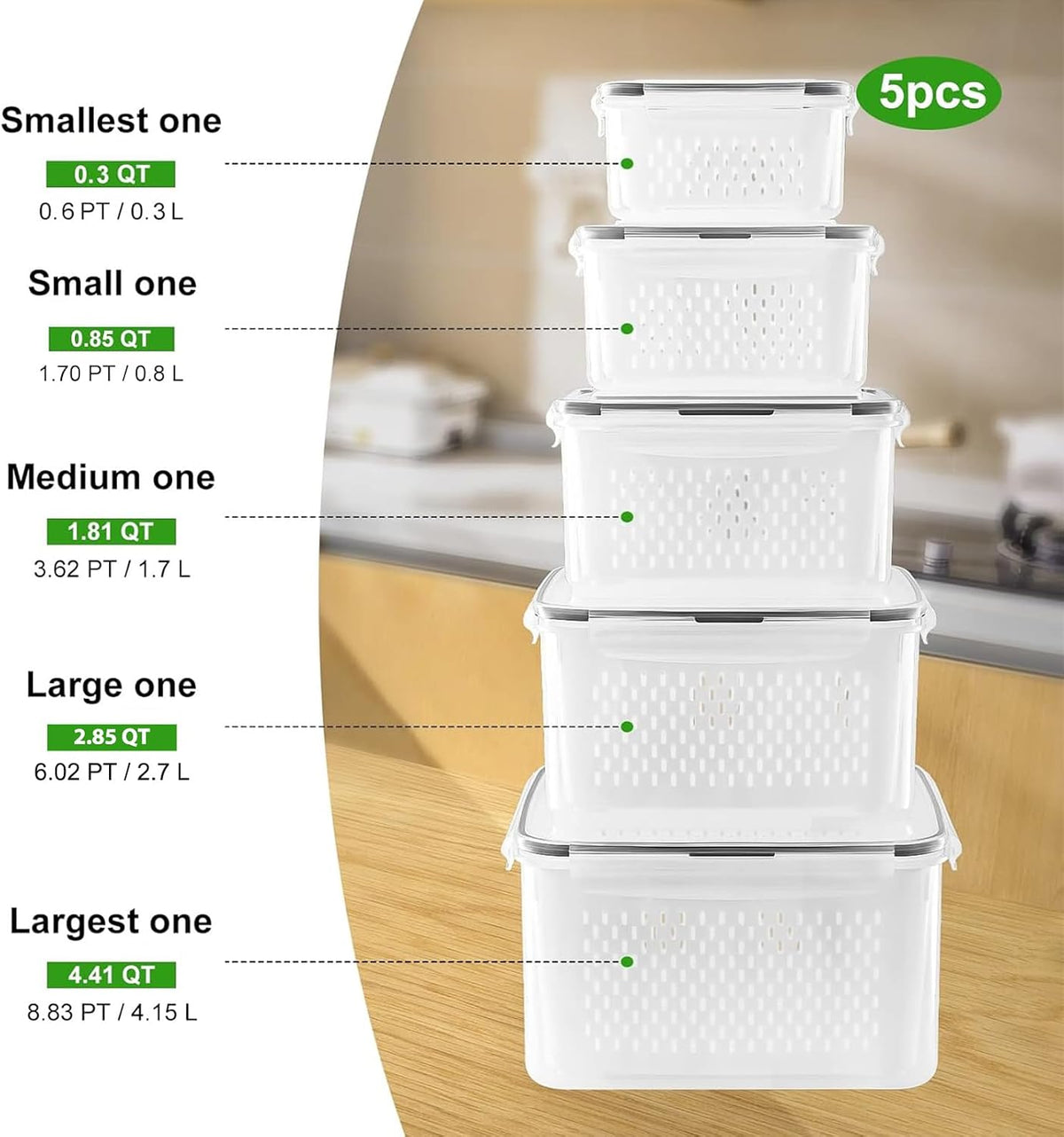 5 PCS Large Fruit storage Containers for Fridge ,Food Storage Containers