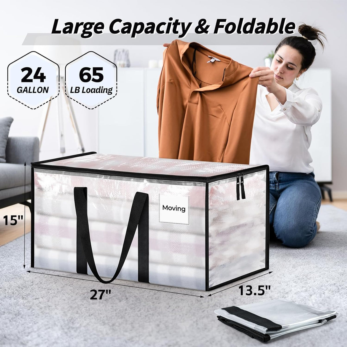 8 Pack Extra Large Clothes Storage Bins with Lids, Moving Bags, Clear