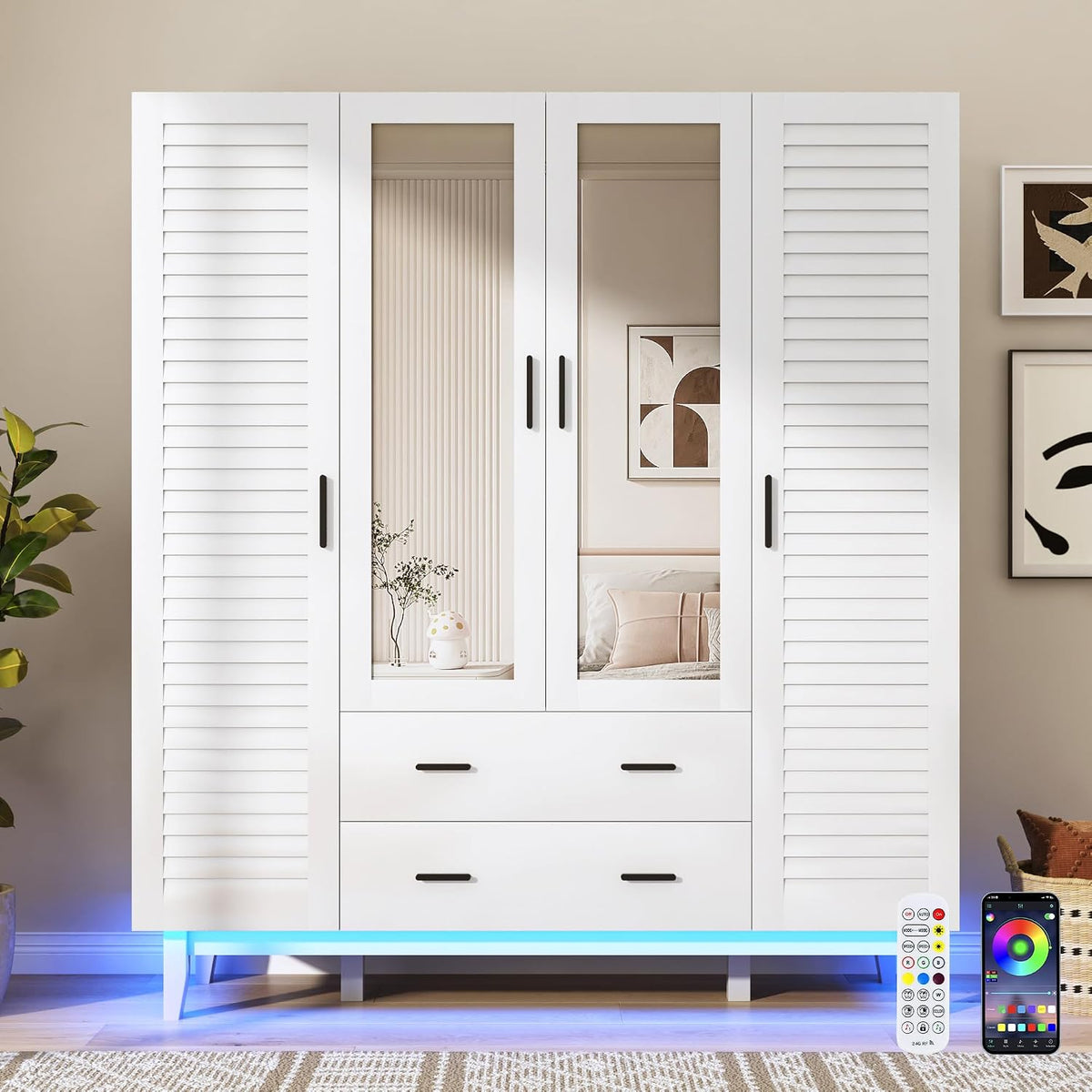 jiteentarou 4 Door Armoire Wardrobe Closet Cabinet with Drawers and LED Lights, Multi-Tier Shelves, Hanging Rod & 4 Louver Doors, Large Capacity Storage Wardrobe Armoire for Bedroom(4 Doors White)