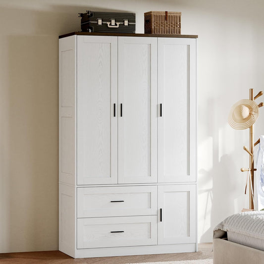 ANCTOR 3-Door Armoire Wardrobe Closet with 2 Drawers and Shelves, White