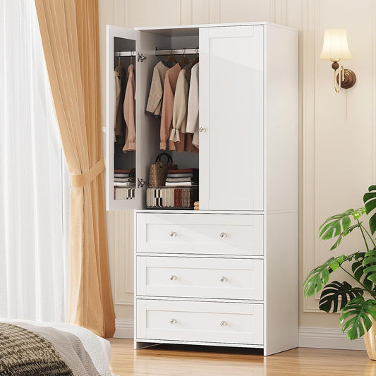 VOWNER 71" Tall Armoire Wardrobe Closet with Drawers and Mirror