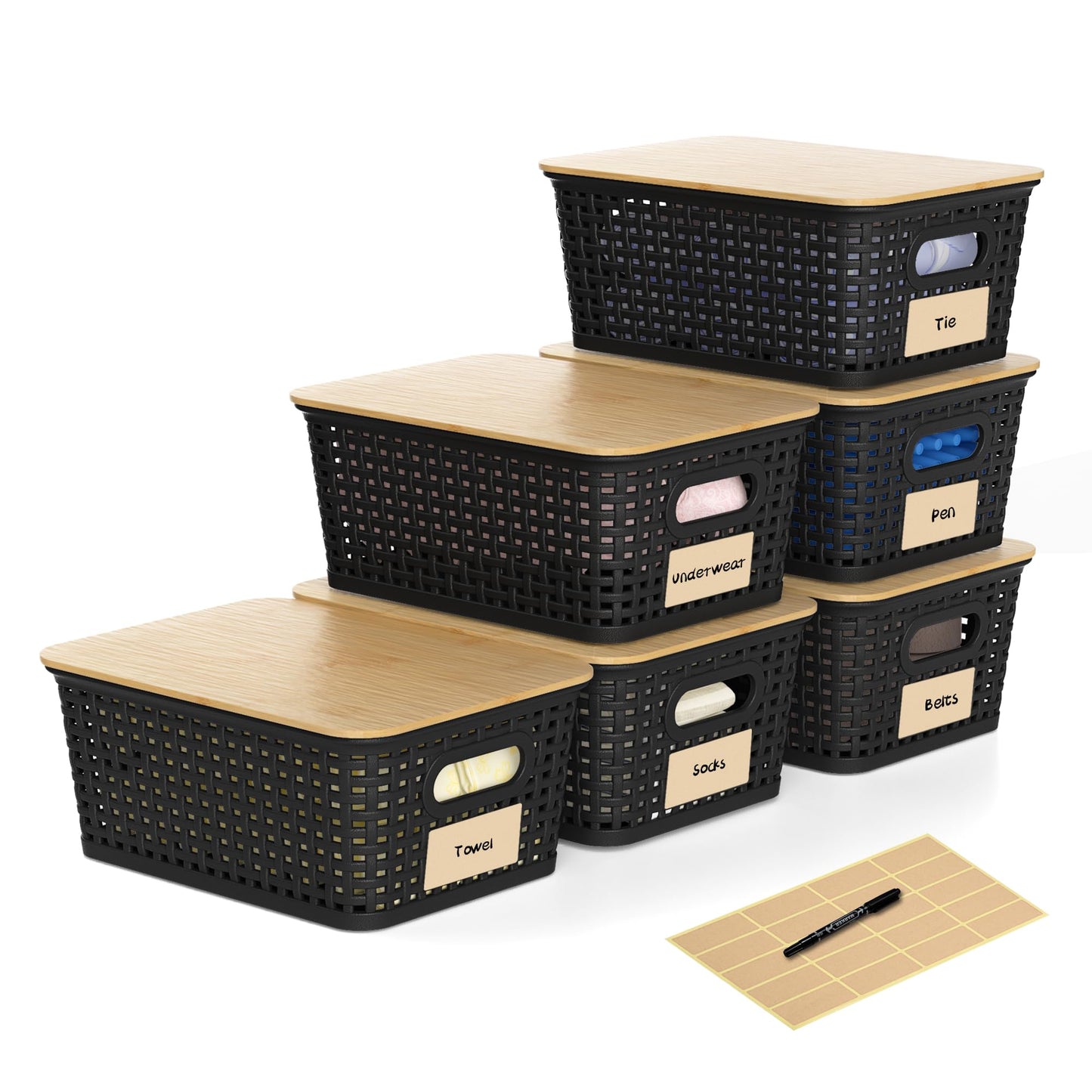 6 Pack Plastic Storage Baskets with Lid,White Stackable Bins