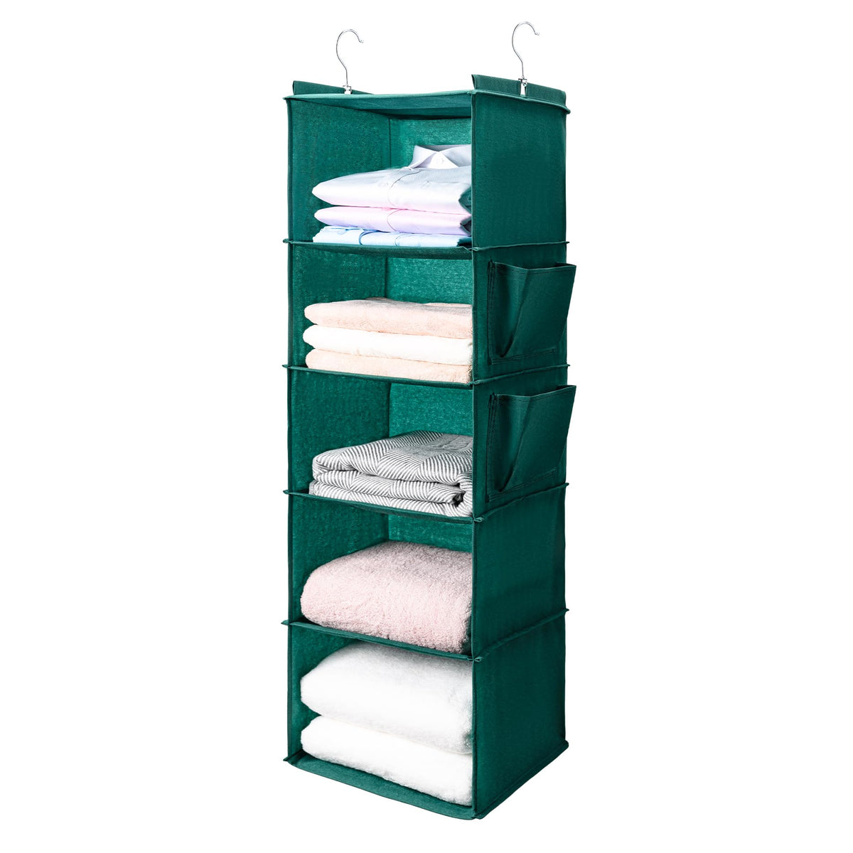 BOOMIBOO Hanging Closet Organize and Shelves，5-Hanging Shelf with 2 Side Pockets，Storage Foldable （Grey）