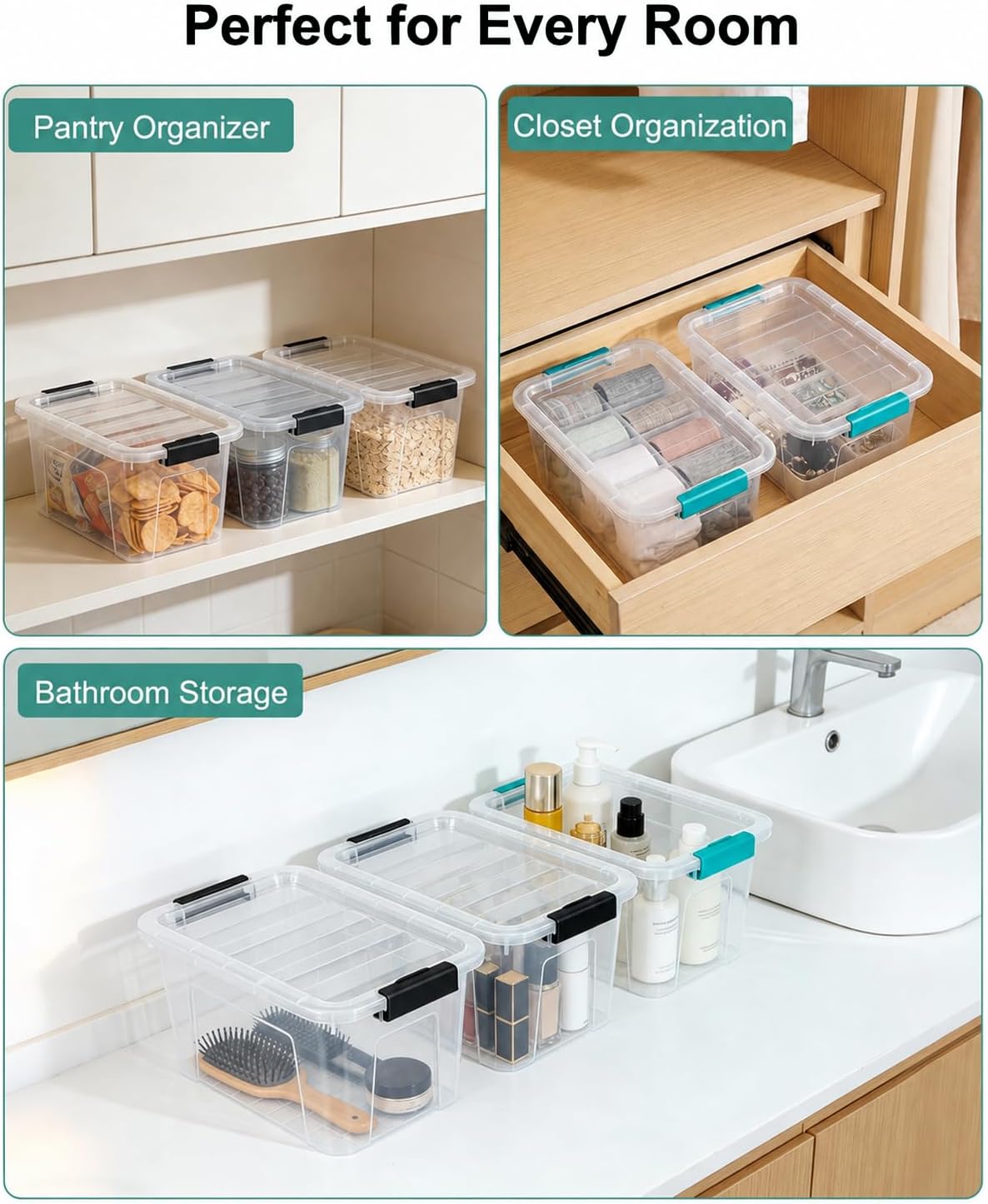 EOENVIVS Plastic Storage Bins with Lids 6 Pack, 7 Quart Storage Containers With Black Buckle Latch, Stackable Storage Organizers for Home Pantry Office Classroom Organization, Clear