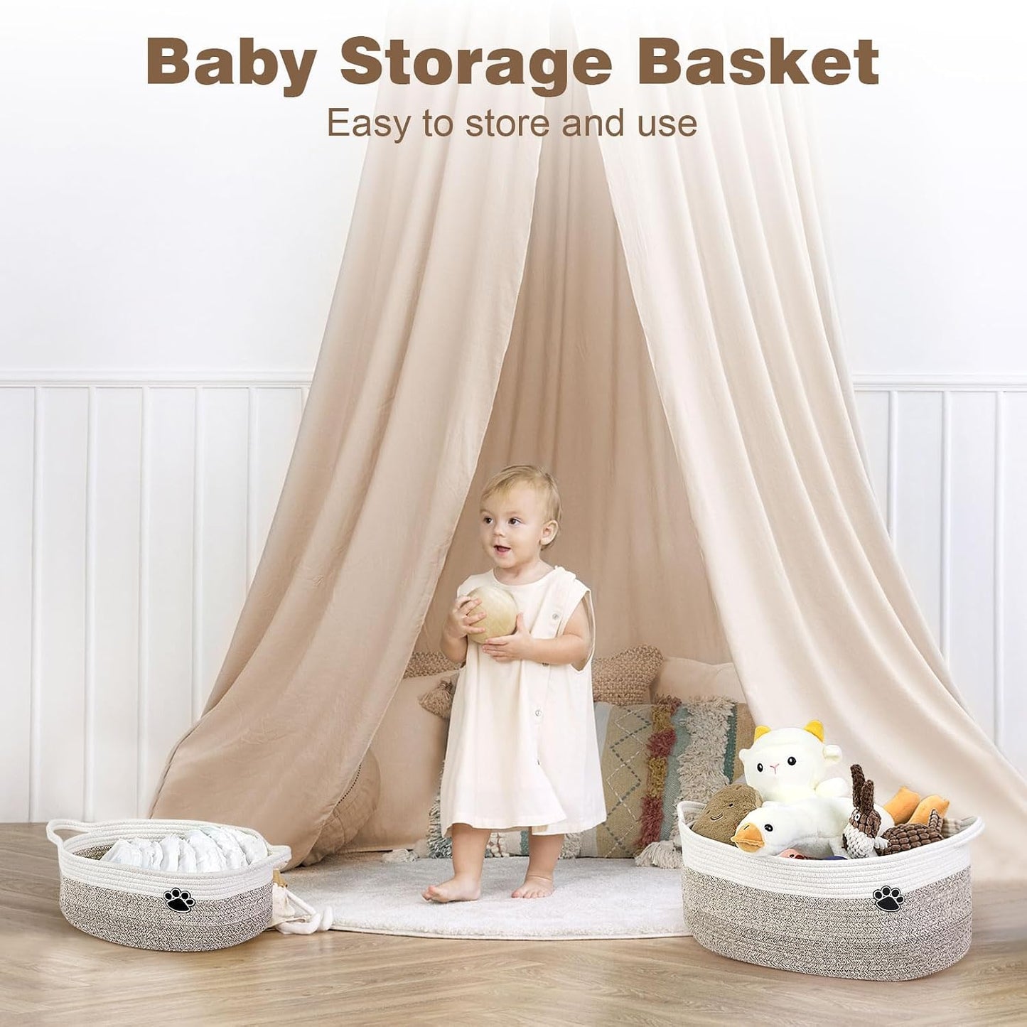 Optish Dog Toy Basket, 30L Toy Box and Bin for Dog Cat Storage, 19.7" X 11" X 7.9" Large Woven Rope Basket for Blanket Storage, Living Room, Bedroom, White & Brown