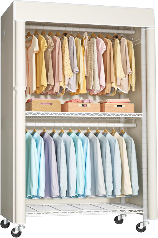 FUTASSI White Clothing Rack with Beige Cover, P1C Rolling Closets