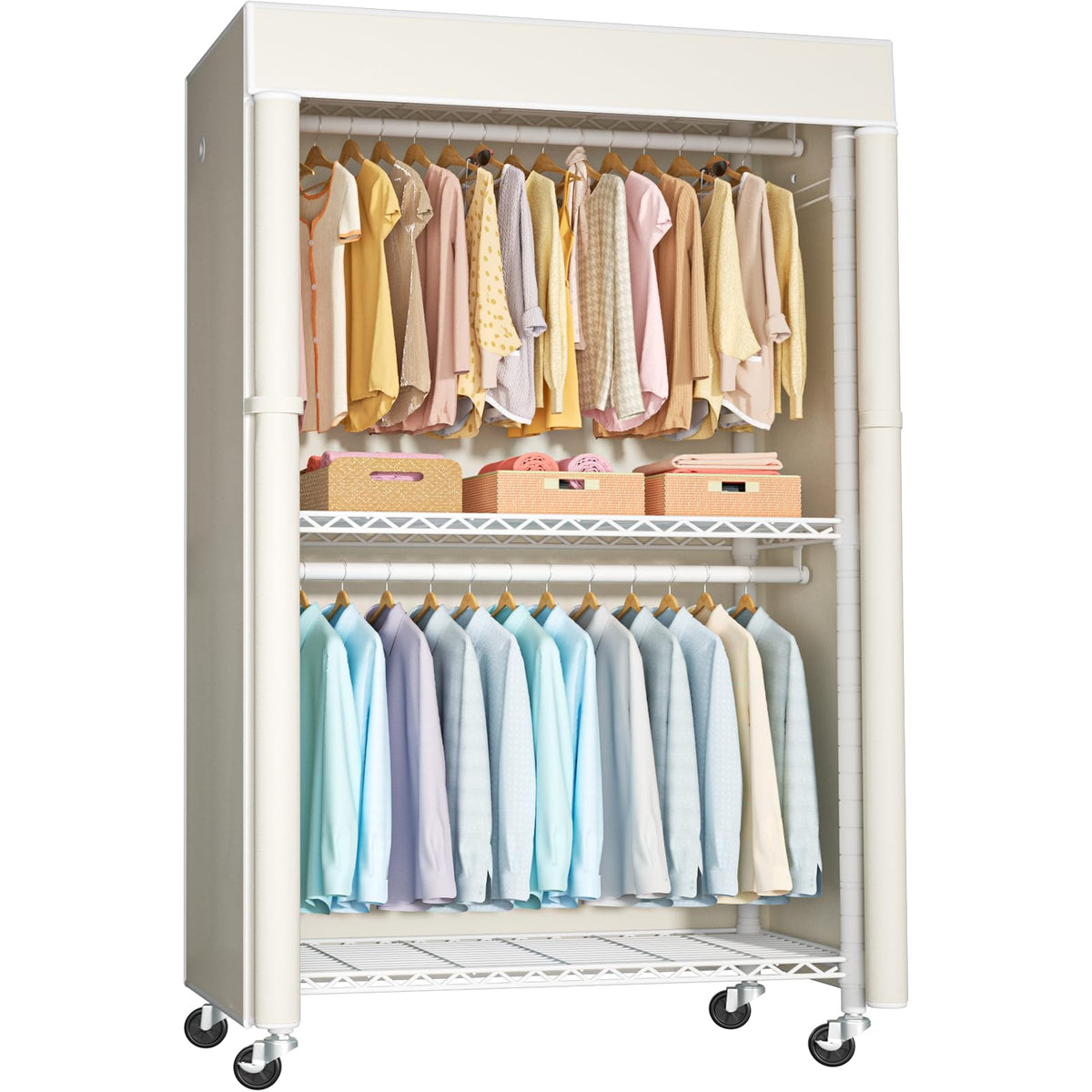 FUTASSI Clothing Rack with Cover, P1C Rolling Closets with Wheels