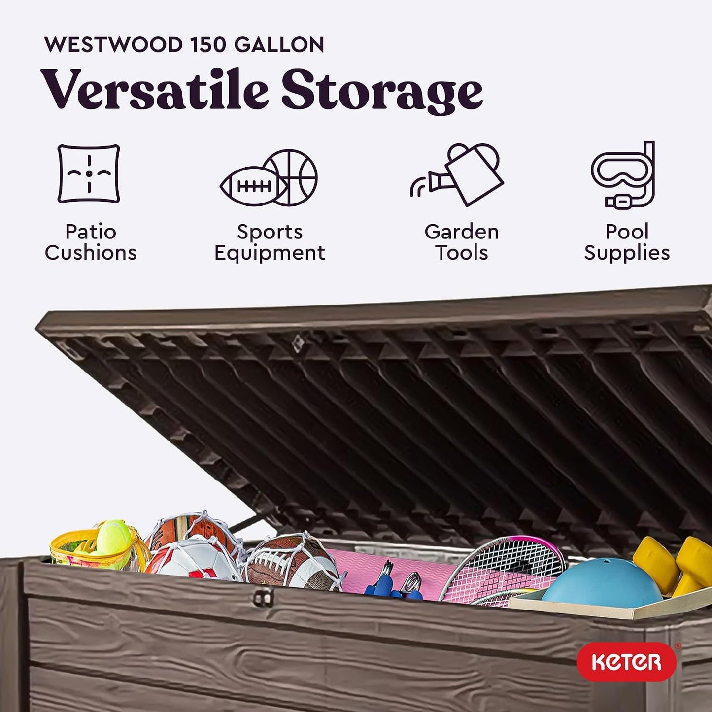 Keter Westwood 150 Gal Outdoor Storage Box for Patio and Pool Accessories