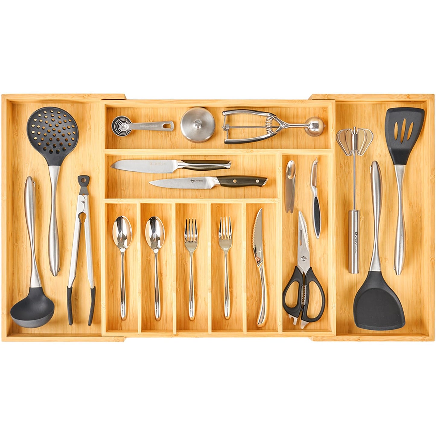 Umilife Extra Large Expandable Kitchen Siverware Utensils Drawer Organizer, 19" Deep for Big Drawer, Adjustable Bamboo Wood Drawer Divider with Curved Grooves, Cutlery Tray Flatware Holder