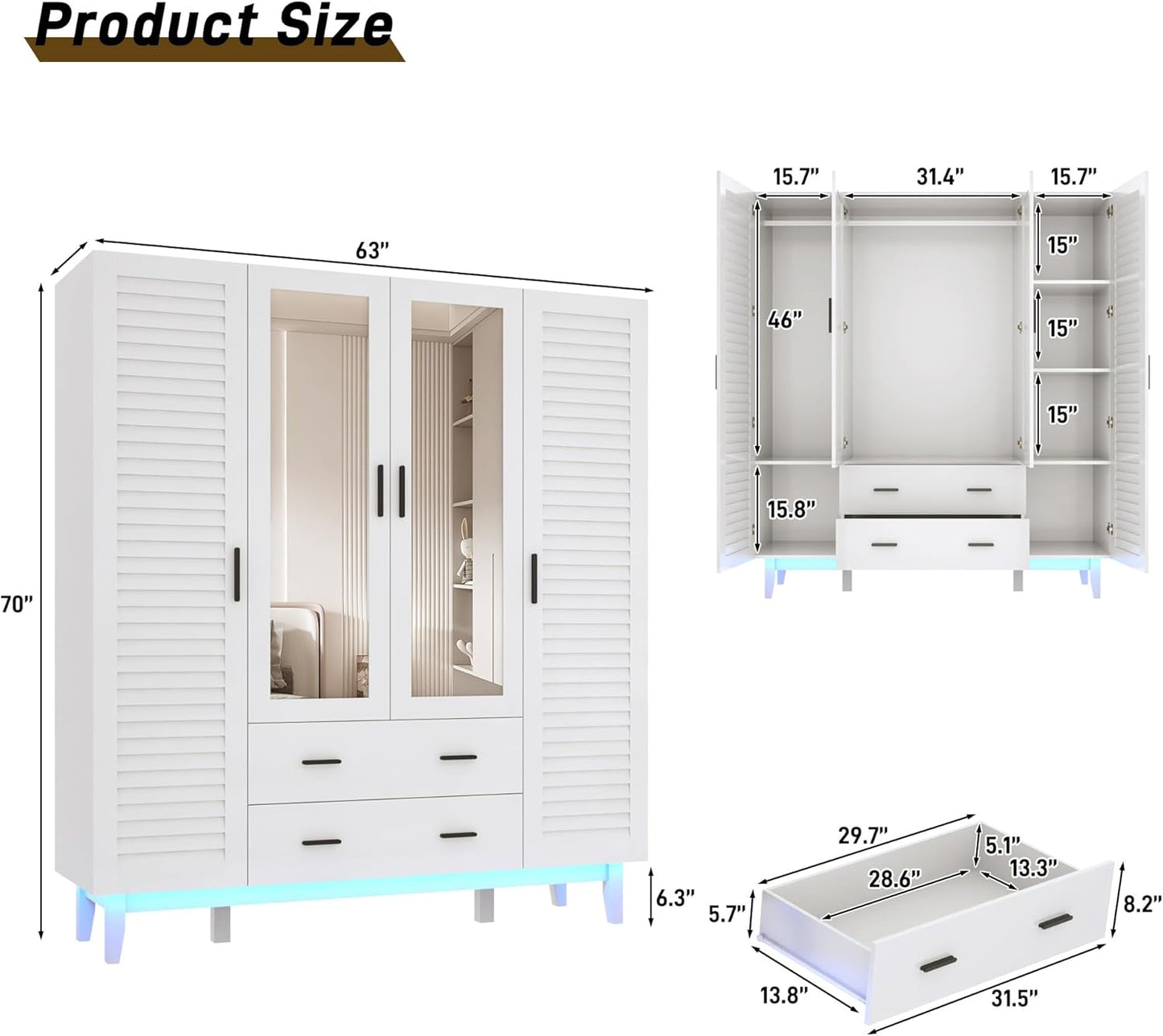 jiteentarou 4 Door Armoire Wardrobe Closet Cabinet with Drawers and LED Lights, Multi-Tier Shelves, Hanging Rod & 4 Louver Doors, Large Capacity Storage Wardrobe Armoire for Bedroom(4 Doors White)