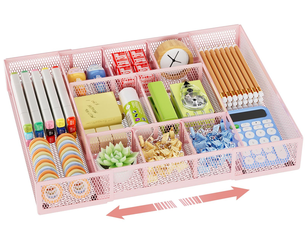 Marbrasse Expandable Desk Drawer Organizer, Mesh Drawer Organizer Tray with 10 Adjustable Compartments, Desk Organizers and Accessories, 5 Dividers Drawer for Office Supplies, Makeup & Vanity (Black)