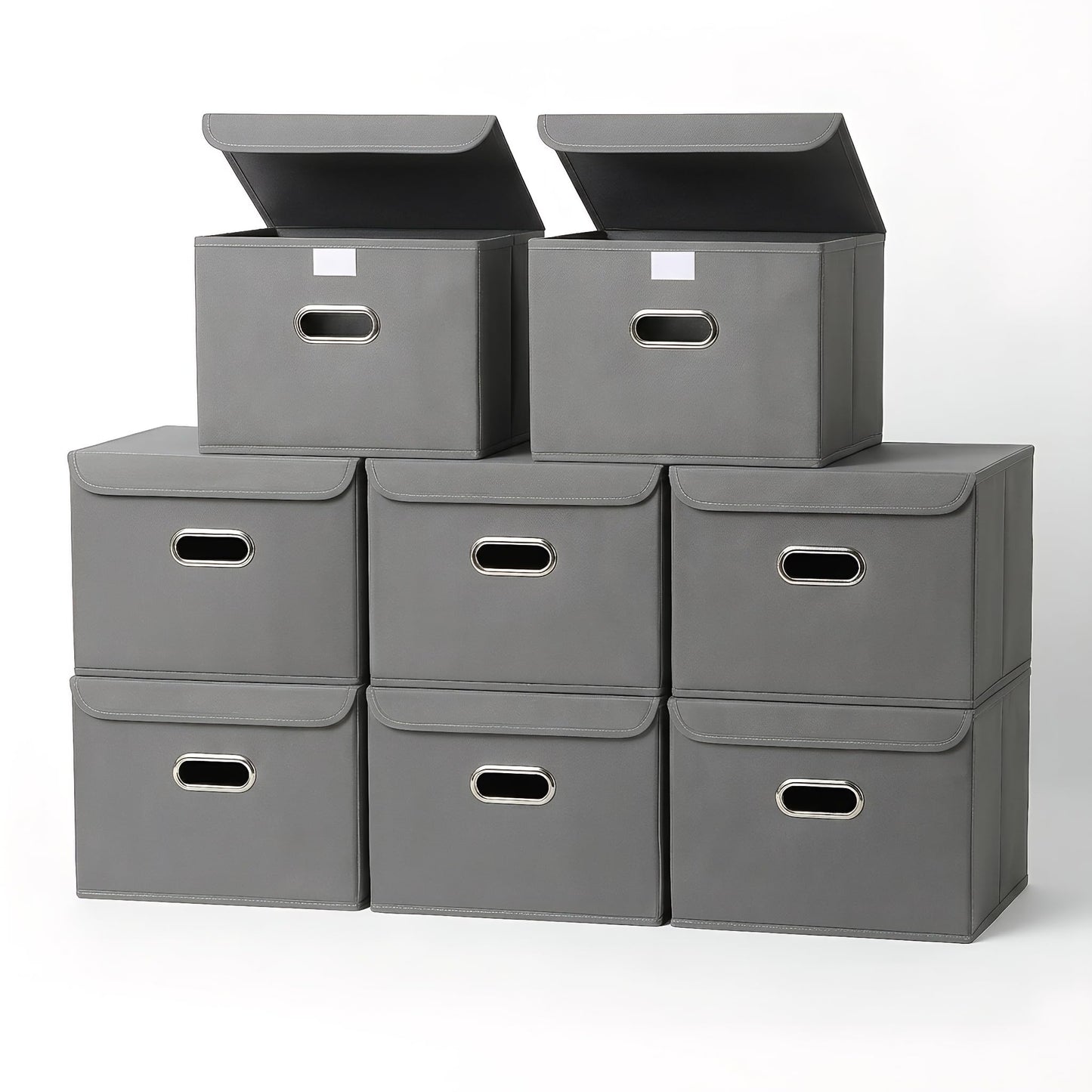Linen Fabric Foldable Collapsible Storage Cube Bin Organizer Basket Fabric Storage Bins with Lid, Leather Handles, Removable Divider for Home, Closet,Navy Blue 3Pcs