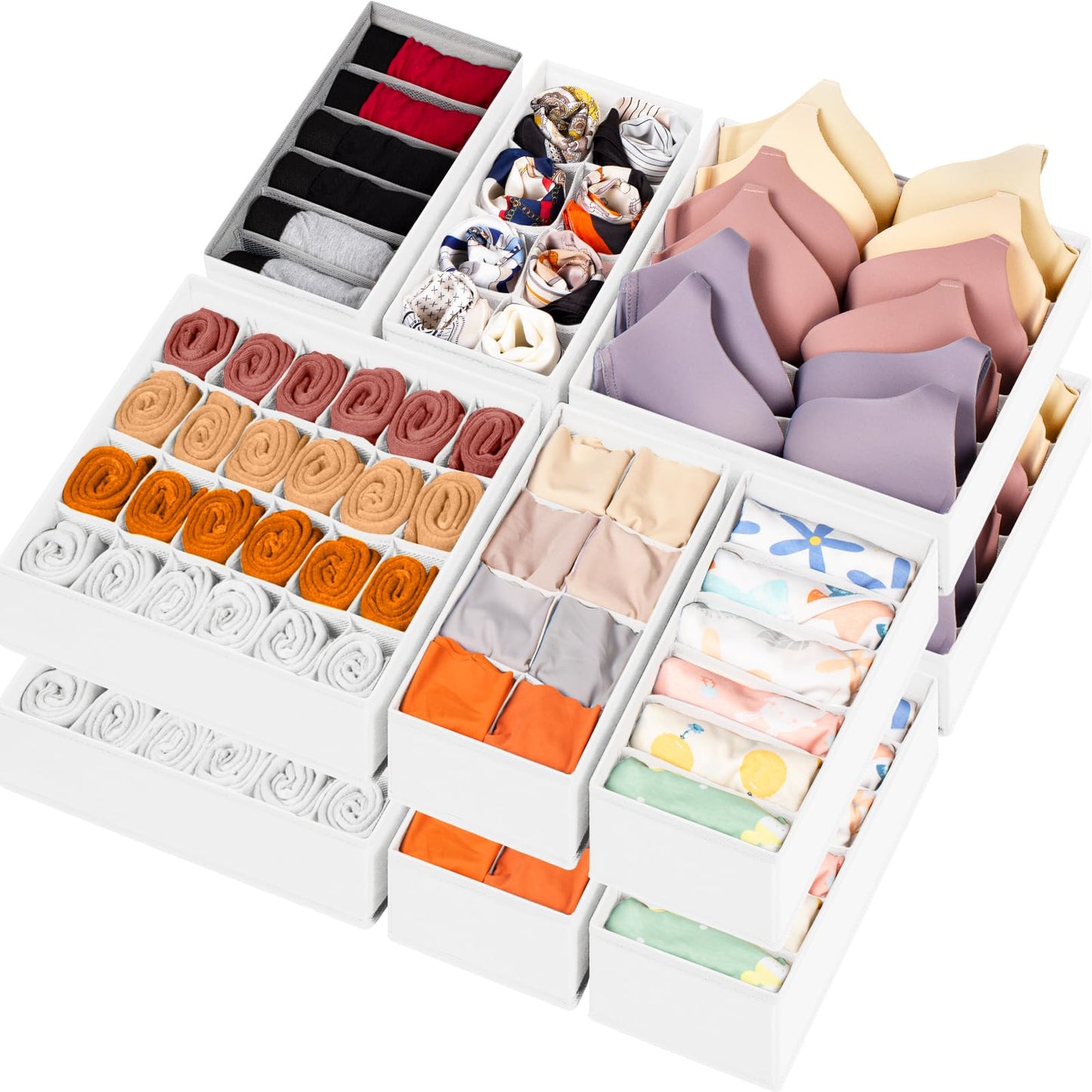 Criusia 12 Pack Sock Underwear Drawer Organizer Dividers, 116 Cells Fabric Foldable Dresser Closet Organizers and Storage Bins for Baby Clothing, Women Men Underwear Socks, Bra, Ties, Scarf
