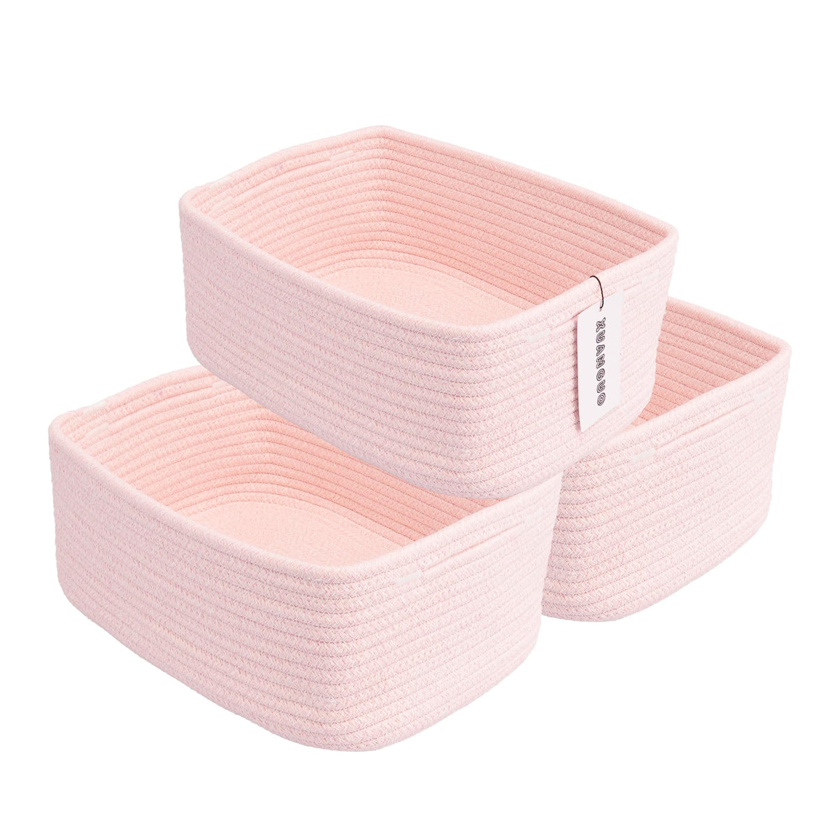 XUANGUO Small Woven Storage Baskets for Shelves, 12" x 8" x 5", Pink