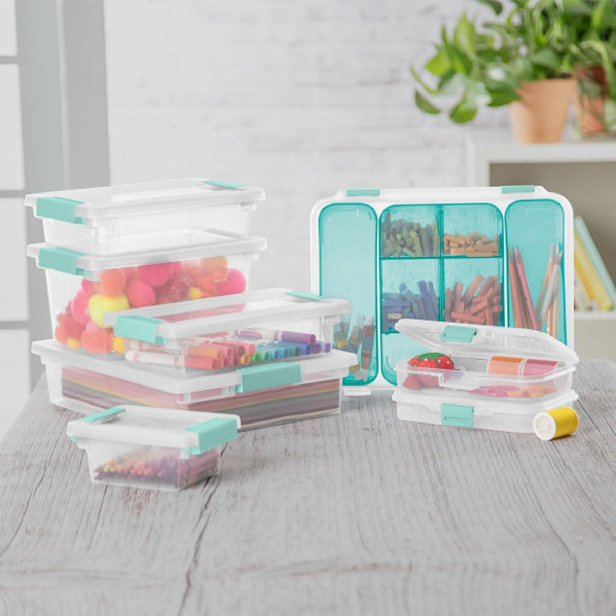 Sterilite Small Clip Box, Stackable Small Storage Bin with Latching Lid, Plastic Container to Organize Office, Crafts, Clear Base and Lid, (Pack of 6)