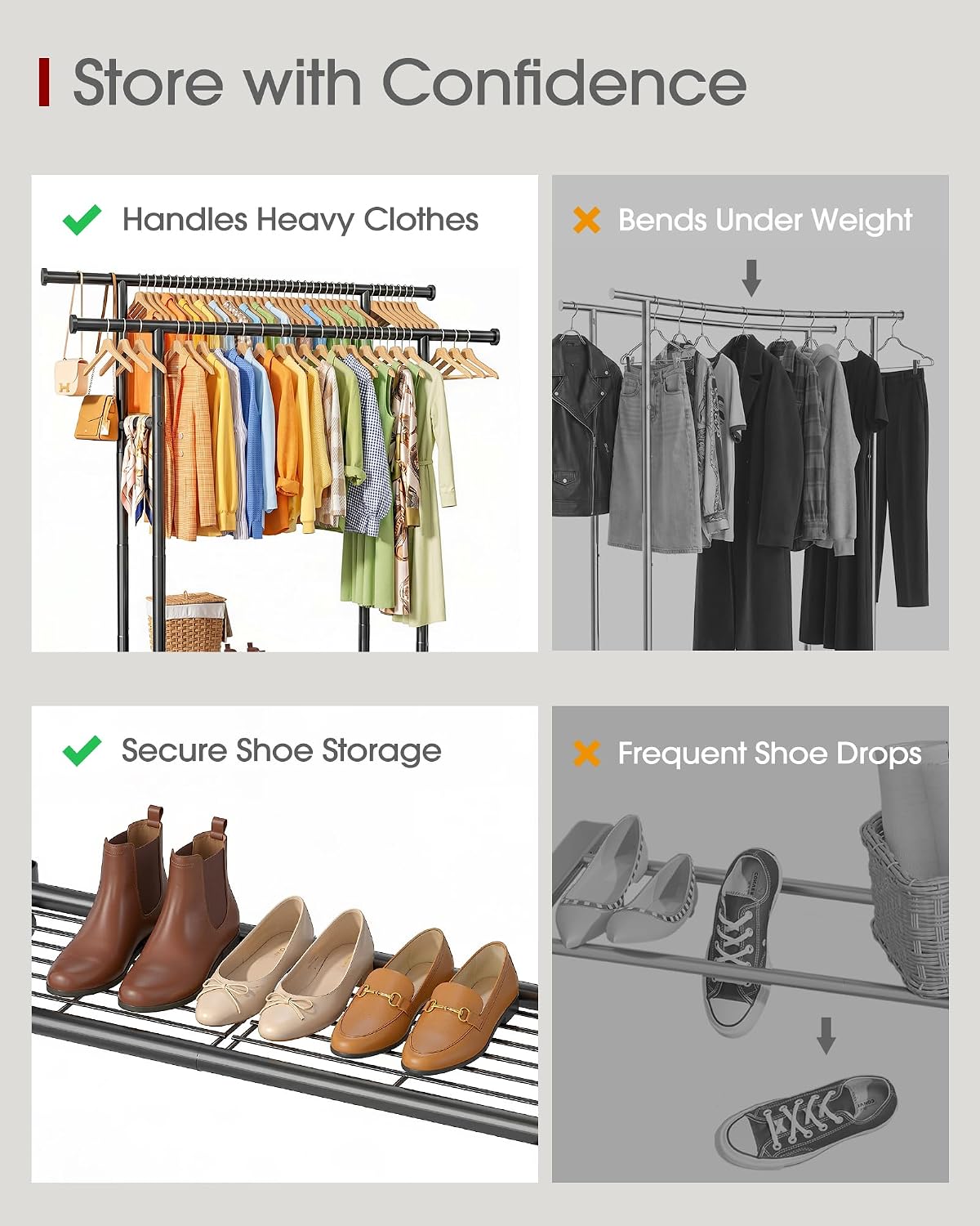 Sakugi Double Rods Clothes Rack - Metal Clothing Rack with Fixed Double Rods, Rolling Wheels & Built-In Shelf for Closet, Bedroom, Laundry Storage (39" x 17" x 60", Black)