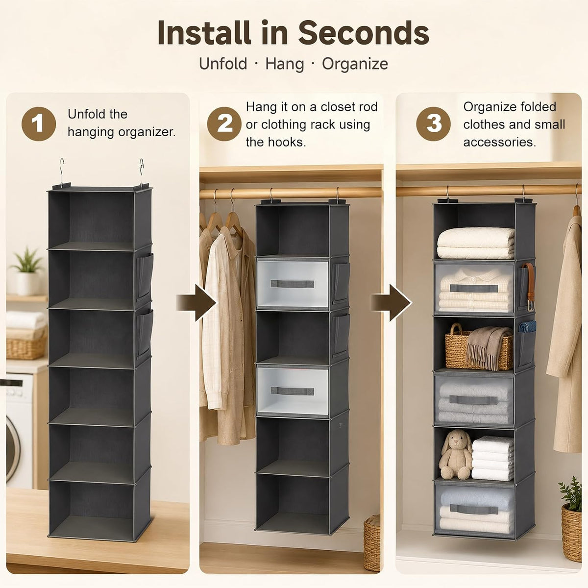 6-Shelf Hanging Closet Organizer with 3 Drawers & Side Pockets, Gray